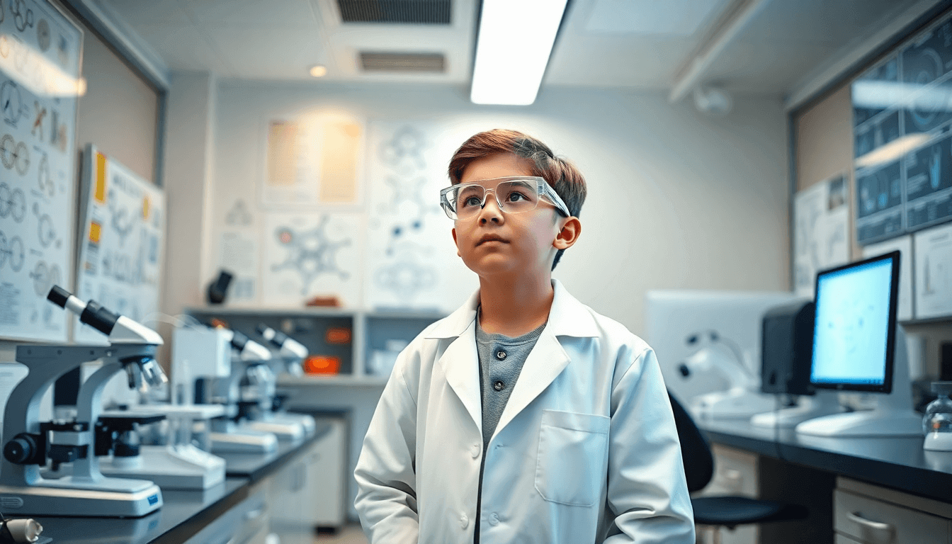 Young aspiring scientist wearing lab coat and goggles in a high-tech laboratory, surrounded by microscopes and scientific equipment.