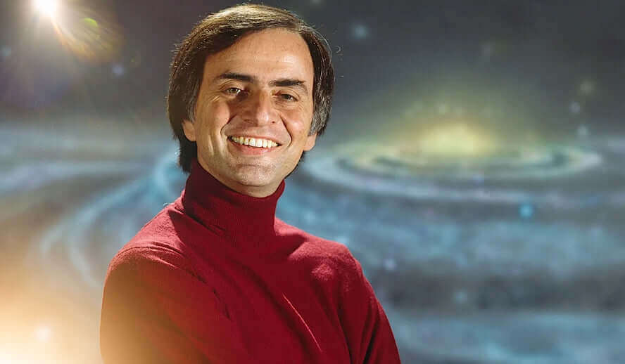 Astronomer in red sweater with cosmic background, symbolizing inspiration and scientific exploration.