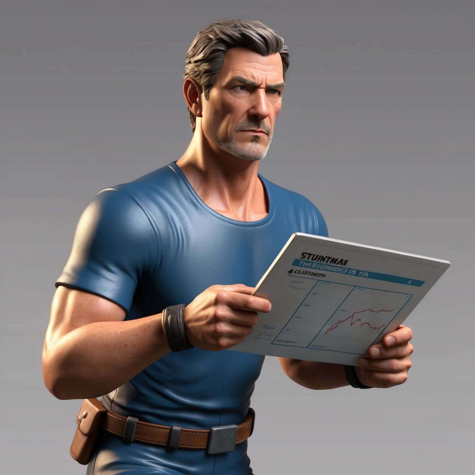 Man in blue shirt analyzing tech chart, representing Science & Tech Apparel Collection at Technium Foundry.