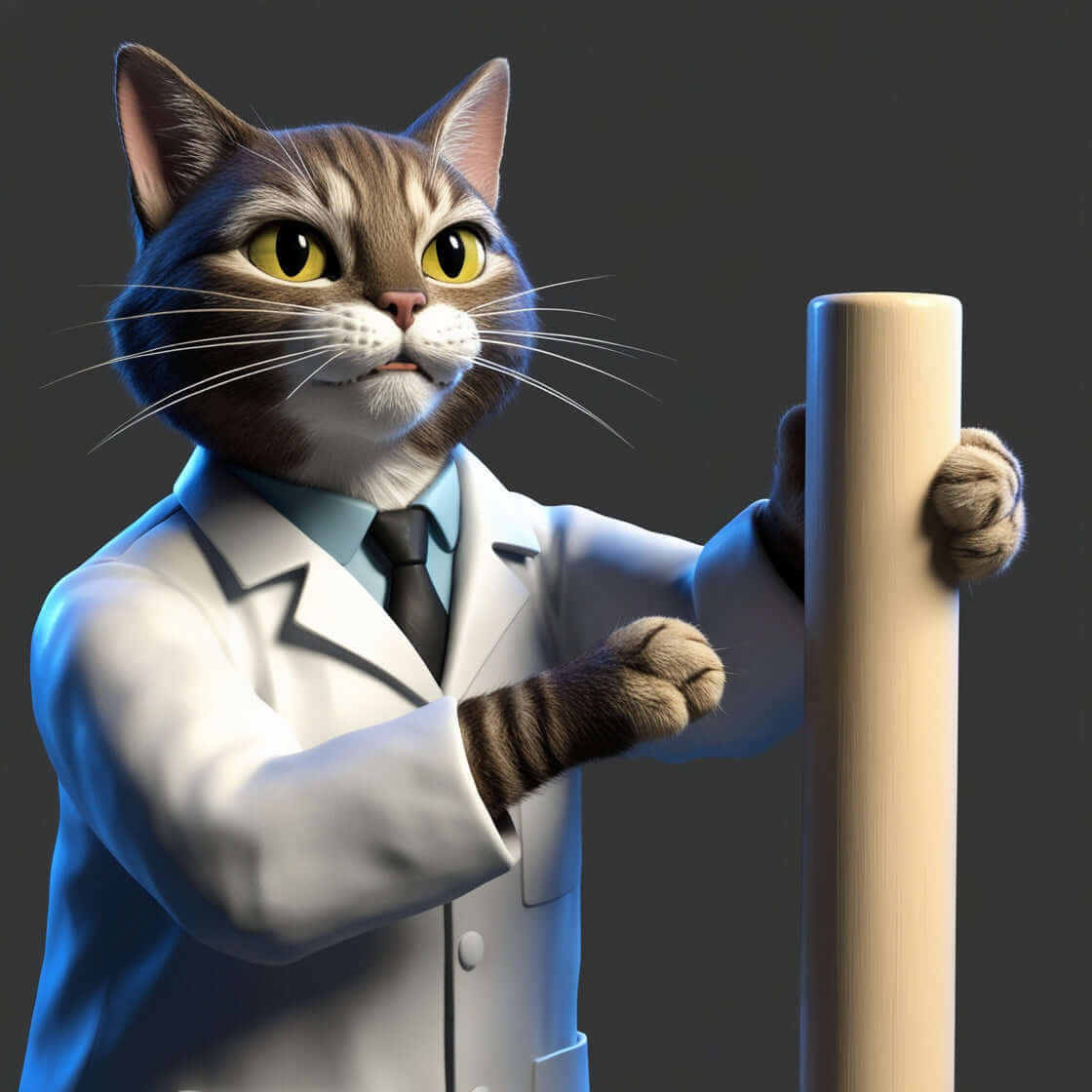 Animated cat in scientist coat holding a tall cylinder related to Schrödinger, Science & Tech Apparel, Technium Foundry collection.