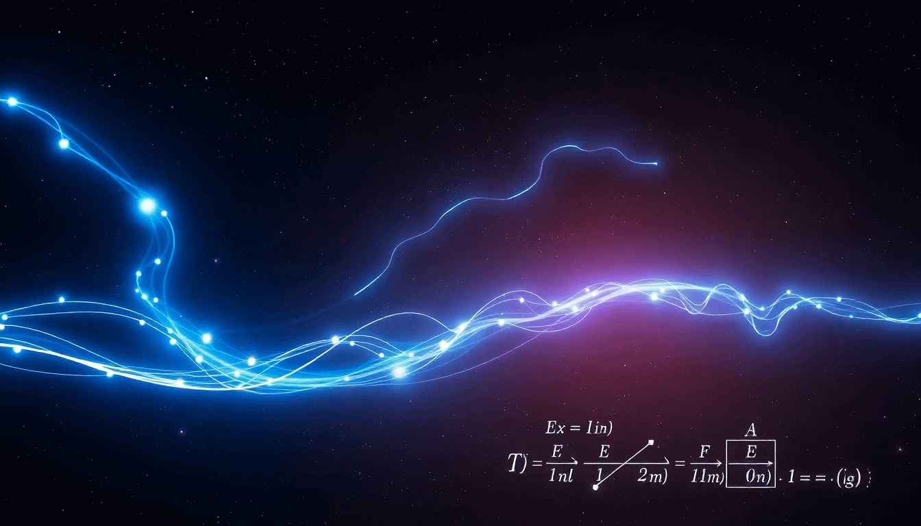 Abstract visualization of the speed of light with glowing waves and equations against a cosmic background.