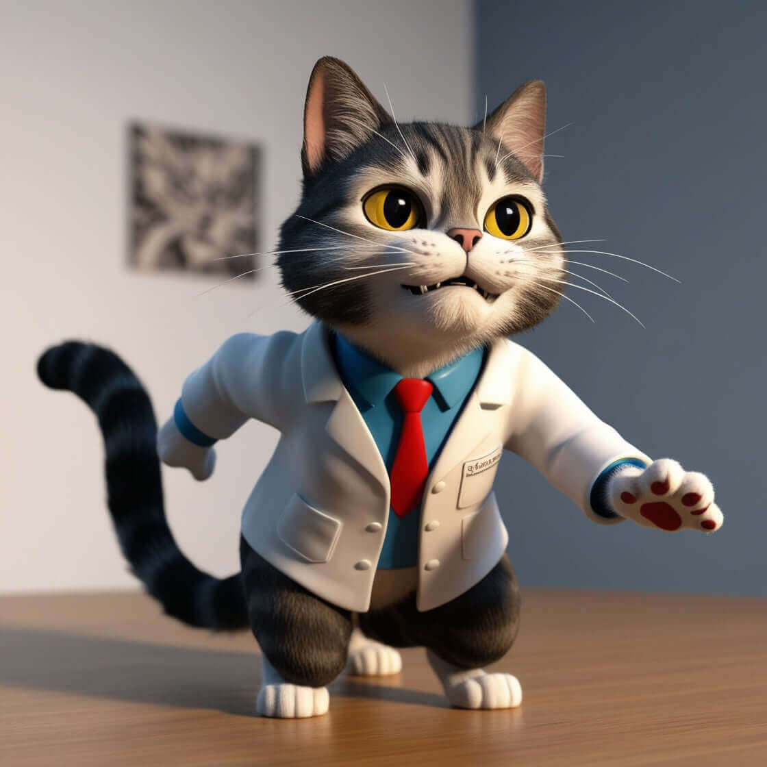 Animated cat in a lab coat symbolizing tech innovation and creativity, part of Technium's Science & Tech Apparel Collection.