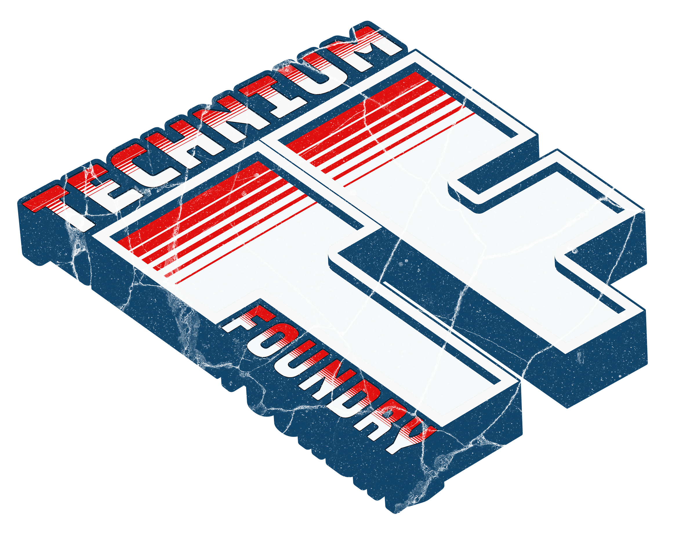 Technium Foundry logo, featuring bold 3D red and blue text symbolizing innovation in quantum mechanics fashion.