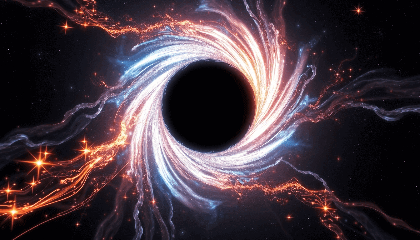 A vibrant depiction of a black hole in space, with swirling energy and light around its dark center.