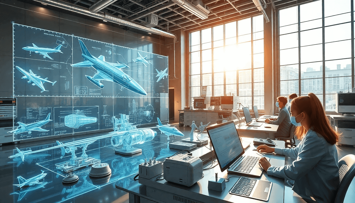 Engineers in a modern lab work with digital aerospace designs, showcasing innovation in aerospace engineering technologies.