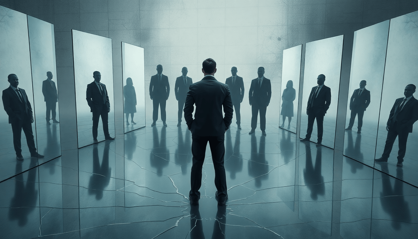 Person facing mirrors reflecting multiple silhouettes, symbolizing imposter syndrome and self-doubt in a professional setting.