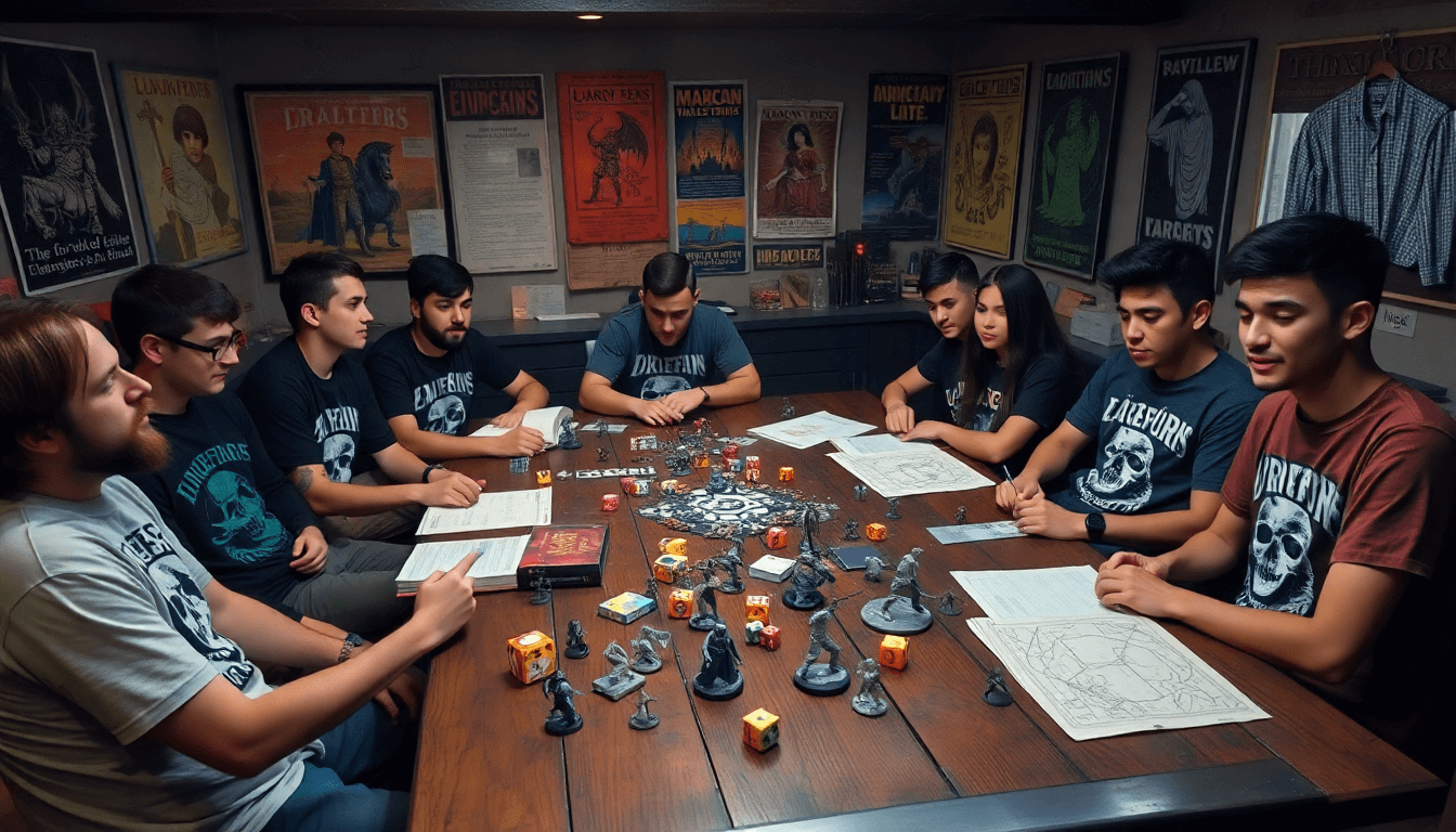 Group of friends playing tabletop game, wearing geek-themed t-shirts from Technium Foundry in a vintage poster room.