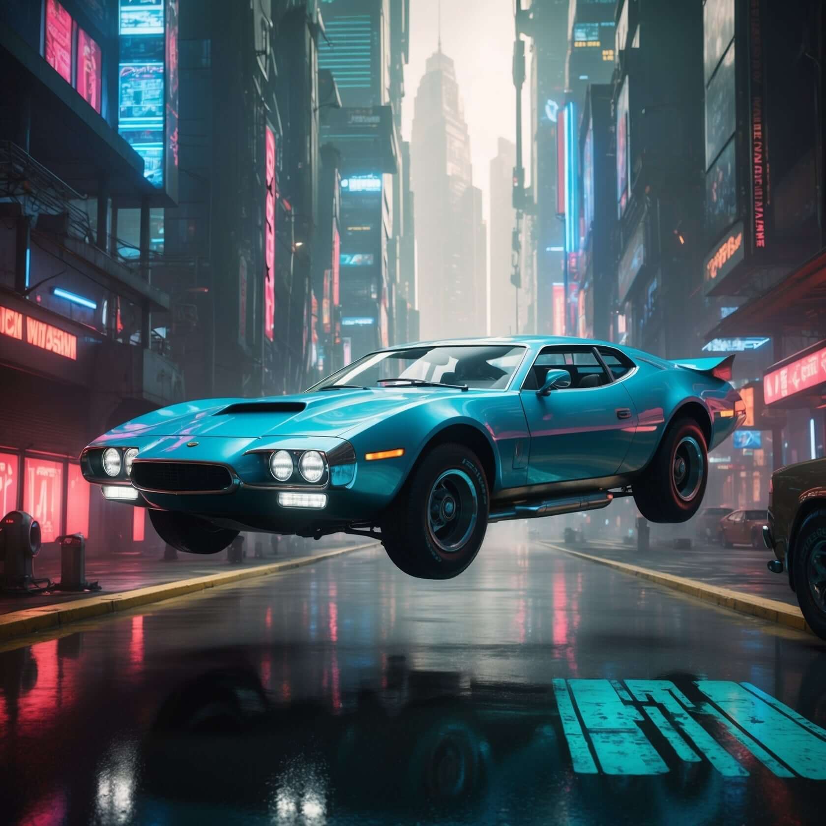 Futuristic flying car in neon-lit cityscape, symbolizing technological advancements powered by rare earth elements.