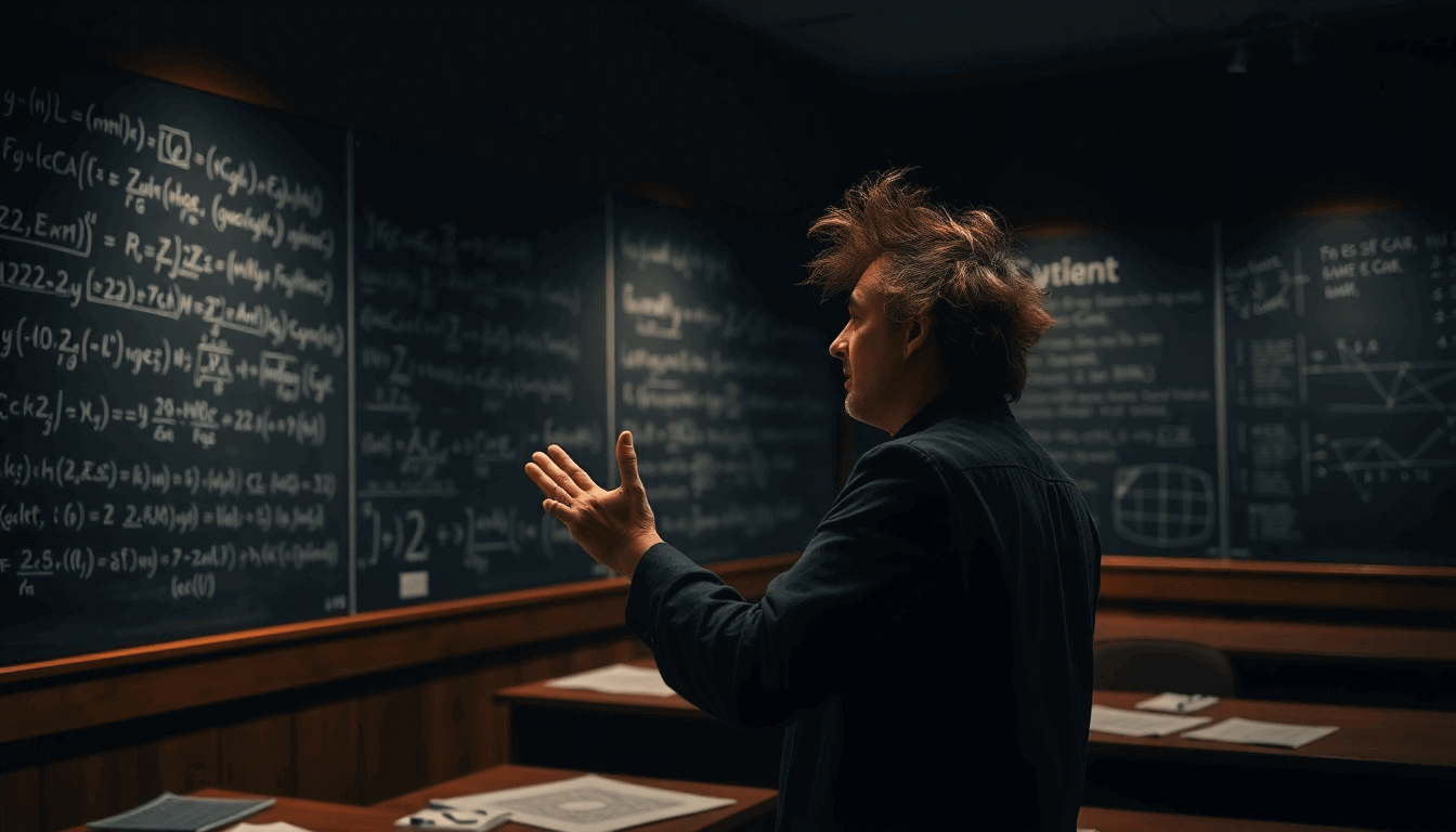 A scientist explores equations on a chalkboard in a theoretical physics classroom.