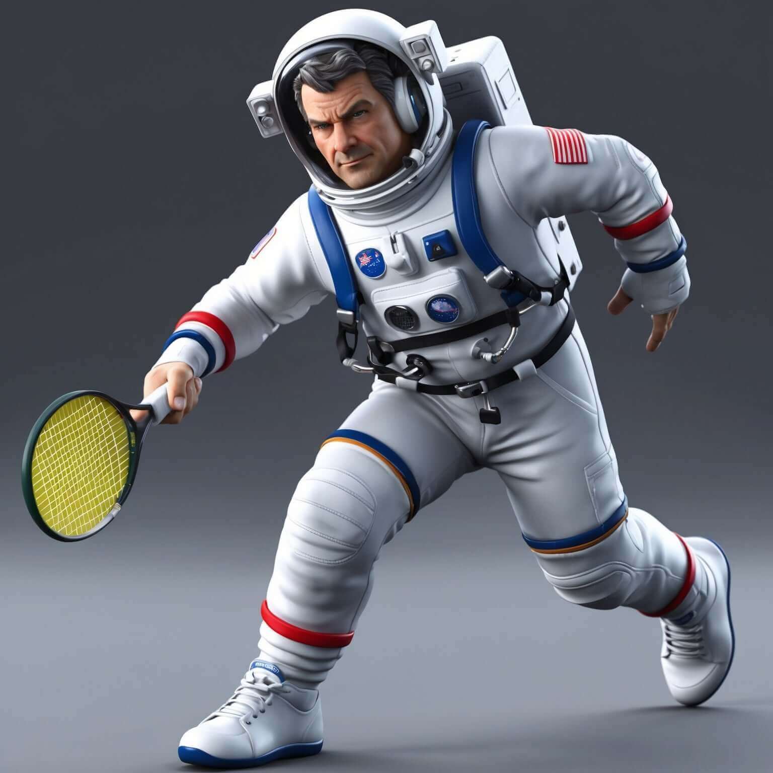 Astronaut in full space suit playing tennis with a racket.