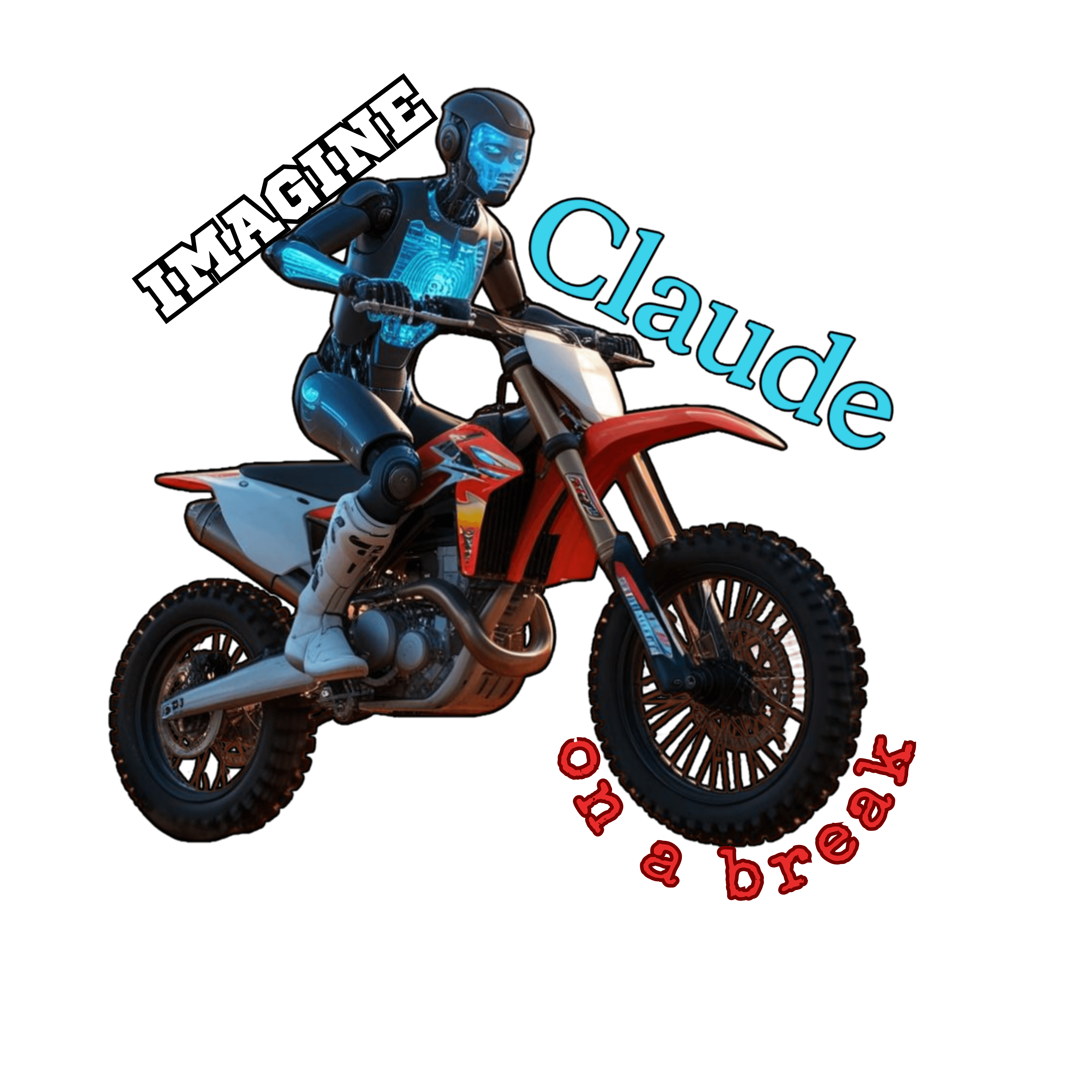 Robot rider on dirt bike with text "Imagine Claude on a break" in a futuristic style.