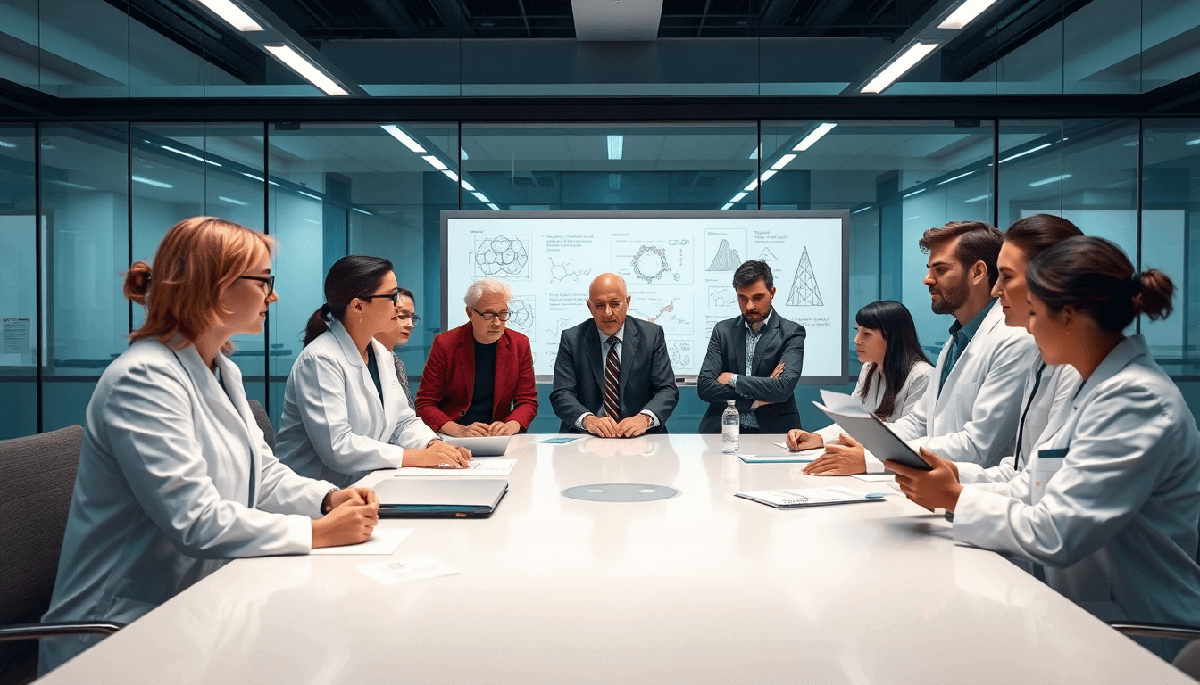 Scientists in a formal conference room wearing lab coats, discussing research innovations and science humor's role in academia.