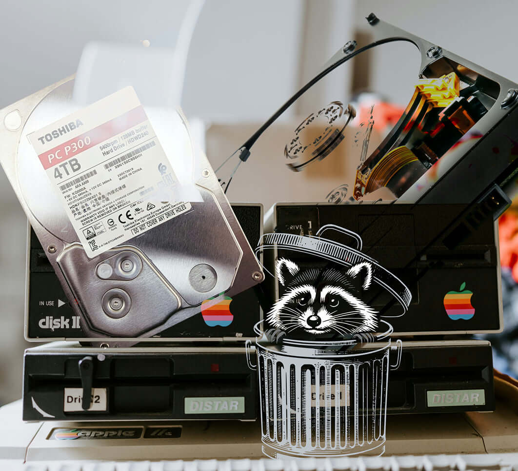 Illustration of digital storage with hard drives and a raccoon symbolizing digital hoarding in front of vintage computer parts.