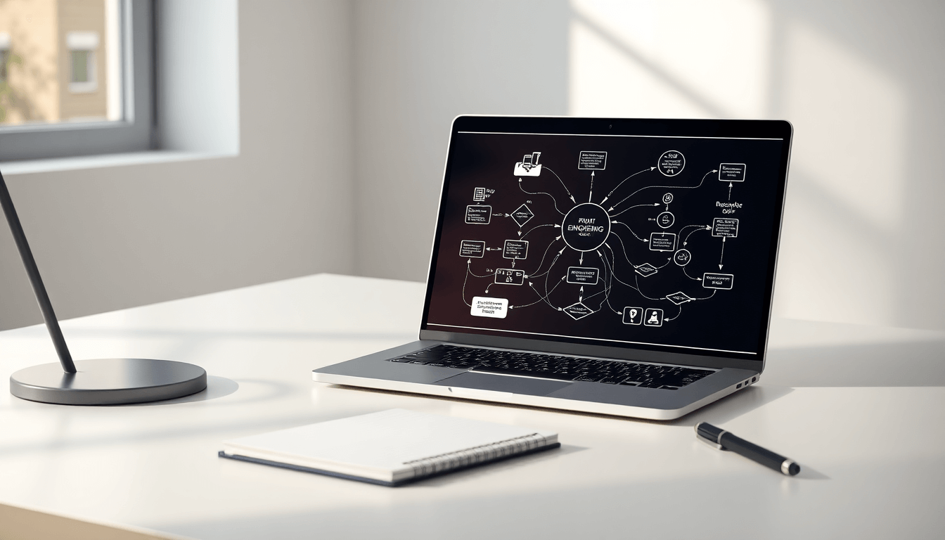 Laptop on desk displaying AI prompt engineering diagram