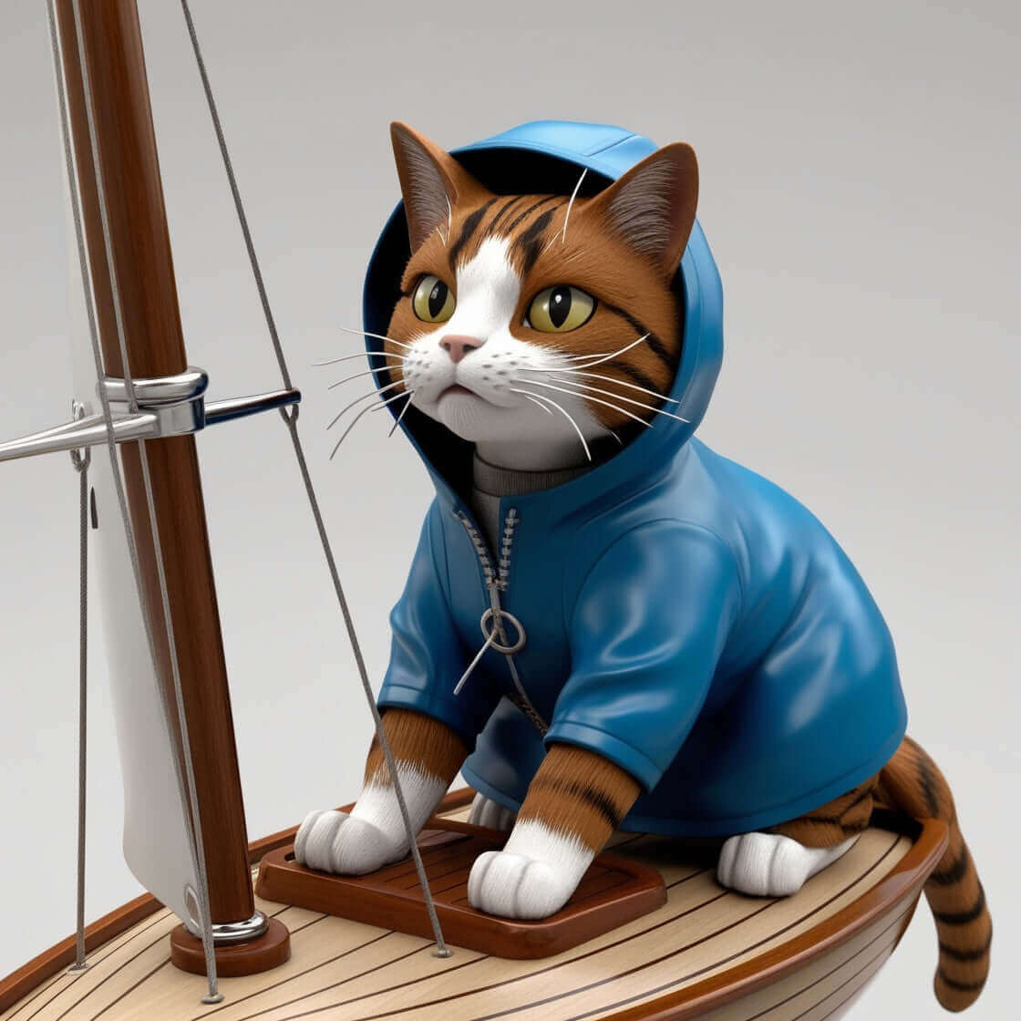 Cat in blue raincoat sitting on a wooden sailboat.