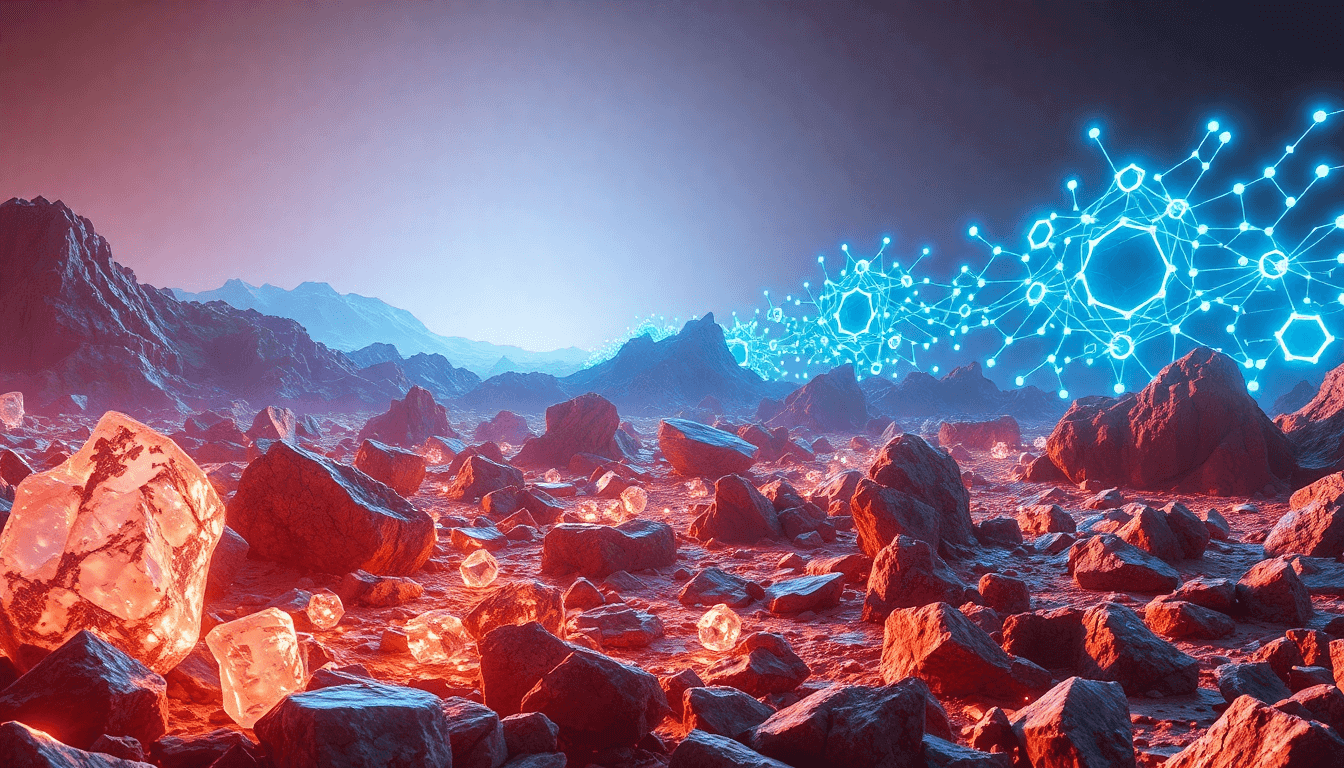 Futuristic scene of rocks transforming into digital networks, symbolizing the journey from natural minerals to artificial intelligence.