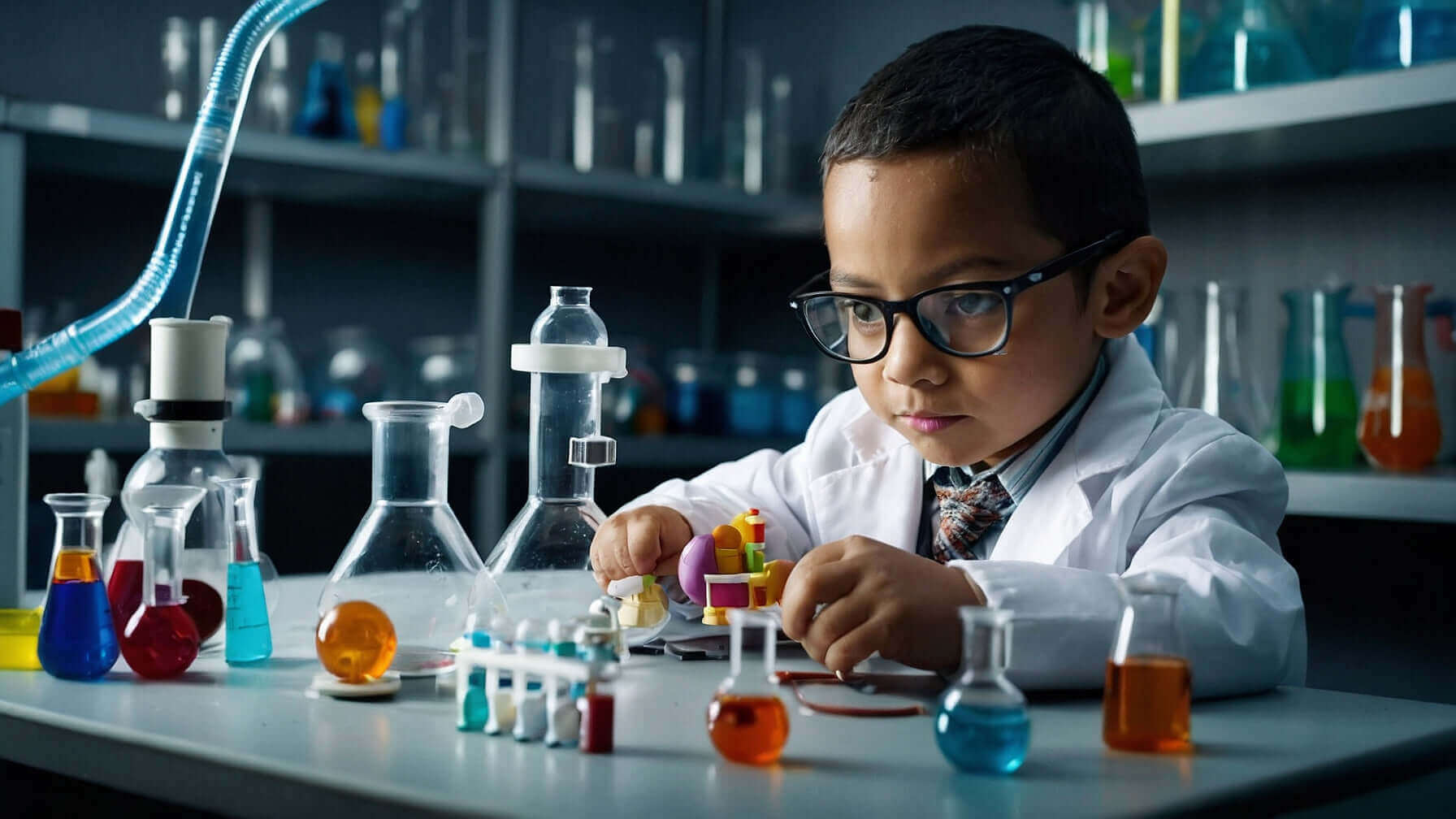 Young child in lab coat conducting science experiments, promoting STEM education with Technium Foundry's Science & Tech Apparel Collection.