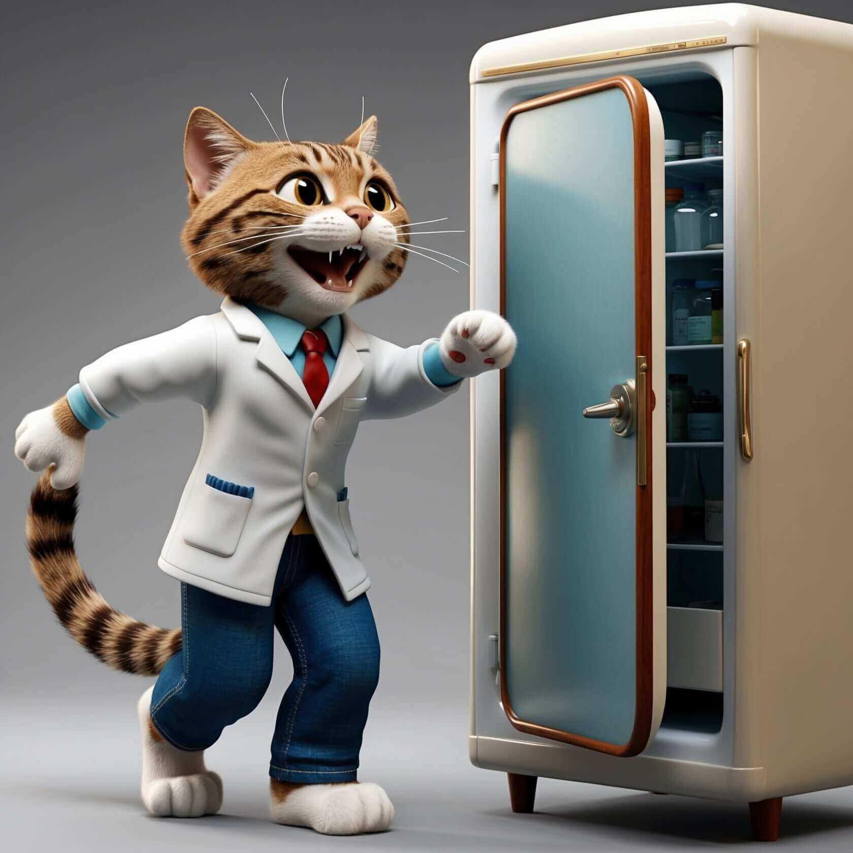 Animated cat in scientist attire opening a vintage fridge, representing Technium Foundry's blend of fashion and science.