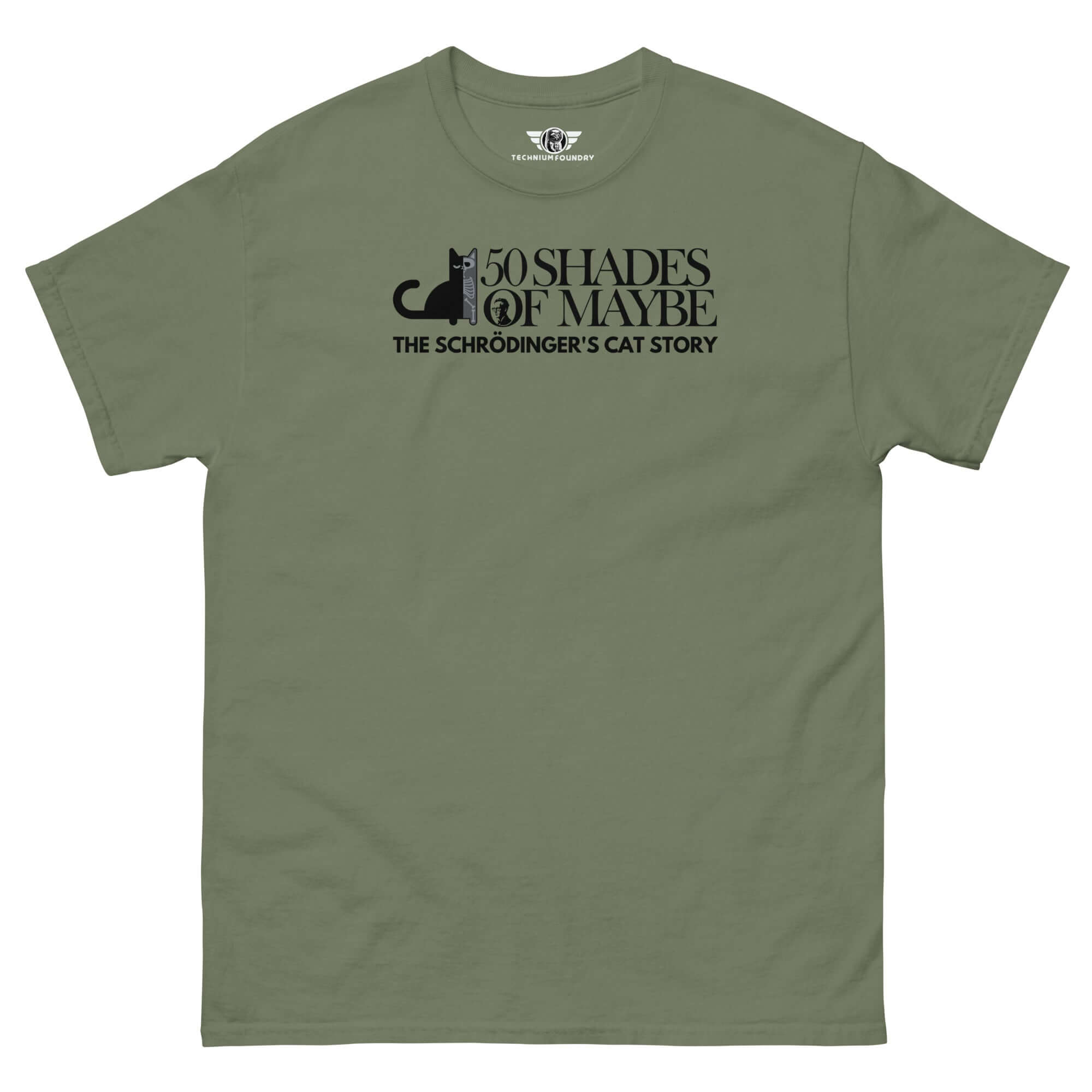 50 Shades of Maybe Schrödinger's Cat parody t-shirt in olive green, featuring minimalist cat design for quantum physics humor.