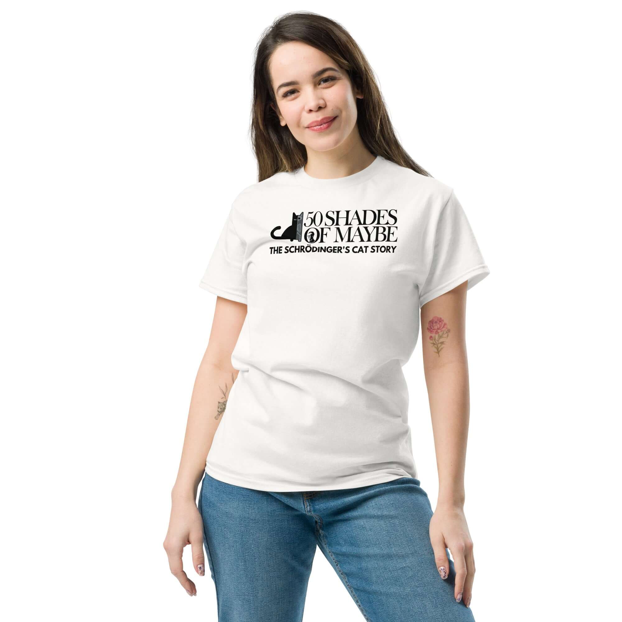 Woman wearing '50 Shades of Maybe' Schrödinger's Cat Parody T-Shirt with minimalist cat design, themed humor in quantum physics literature.