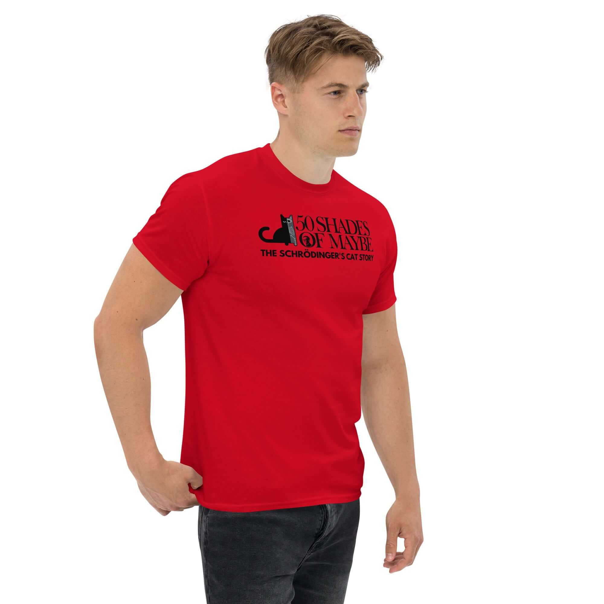 Man wearing red '50 Shades of Maybe' Schrödinger's Cat parody t-shirt featuring quantum physics literature humor.