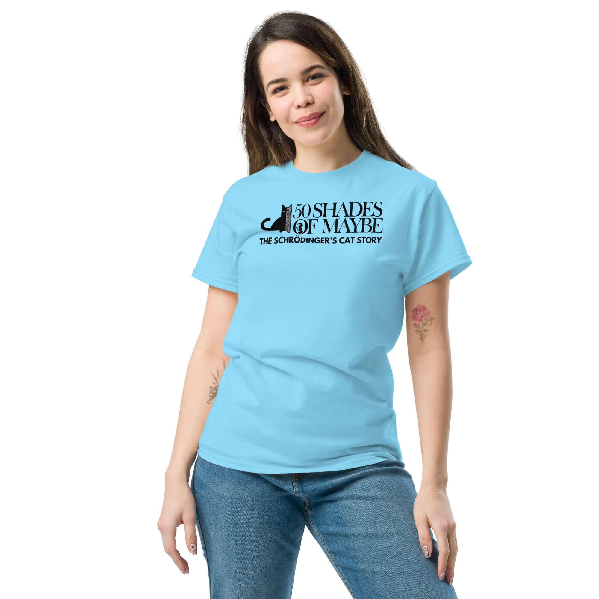 Woman wearing "50 Shades of Maybe" Schrödinger's Cat Parody T-Shirt in blue, featuring quantum physics and literature humor.
