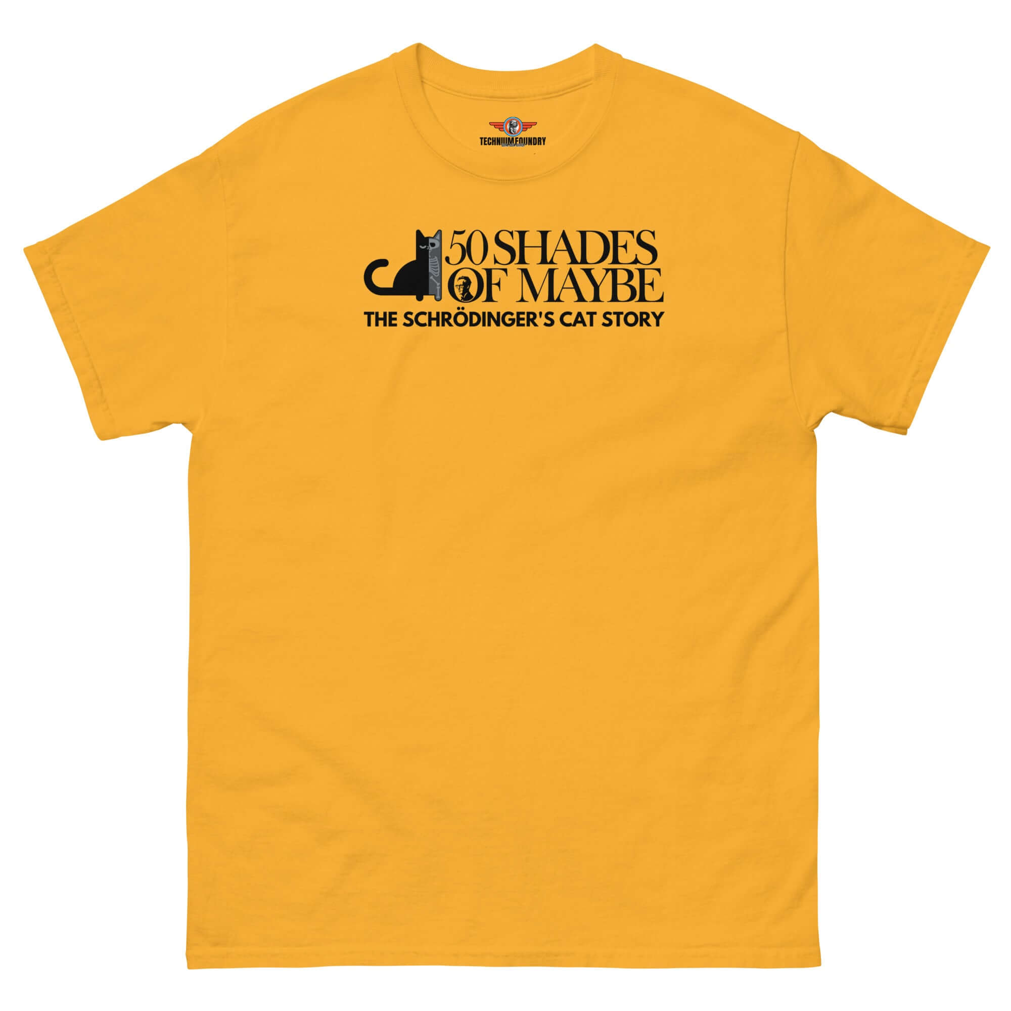 Yellow t-shirt featuring '50 Shades of Maybe' Schrödinger's Cat design, blending quantum physics and literature humor.