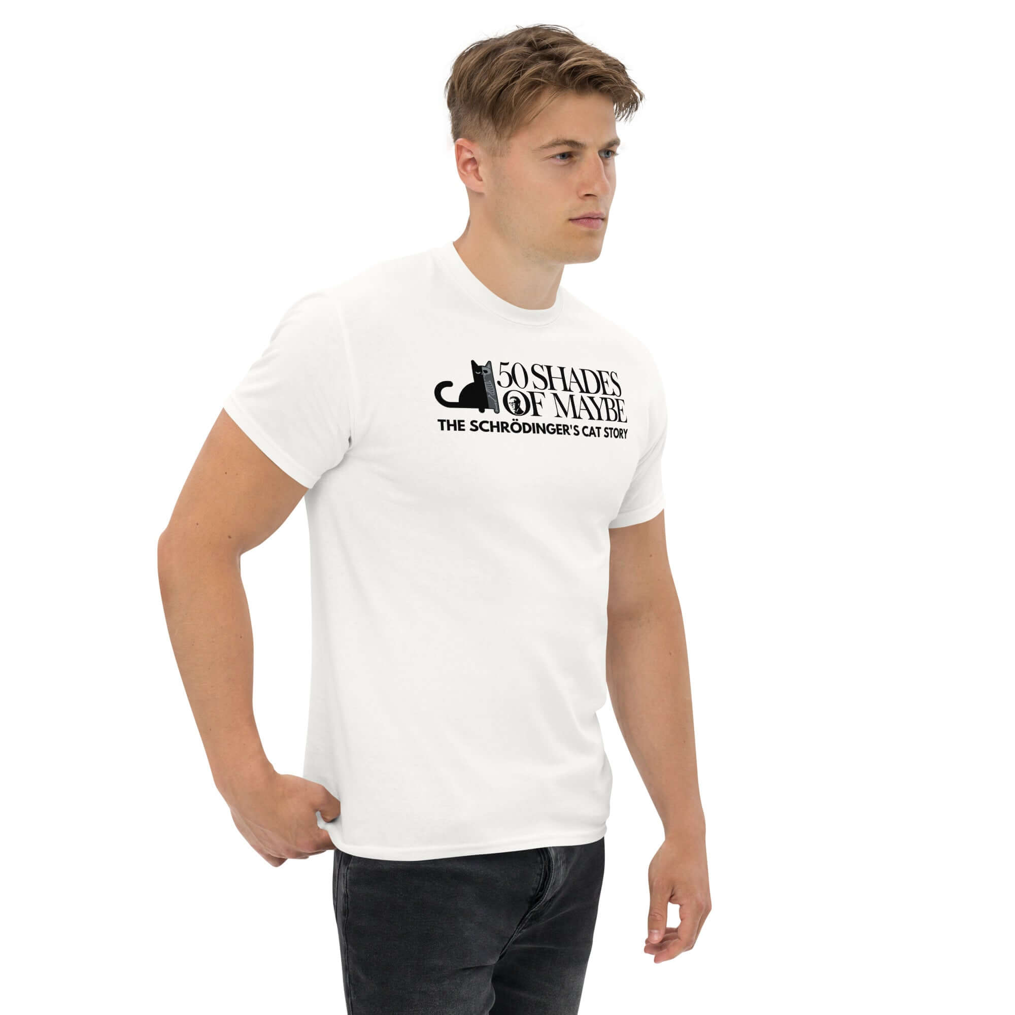 Man wearing 50 Shades of Maybe Schrödinger's Cat Parody T-Shirt with cat silhouette, blending quantum physics and literature humor.