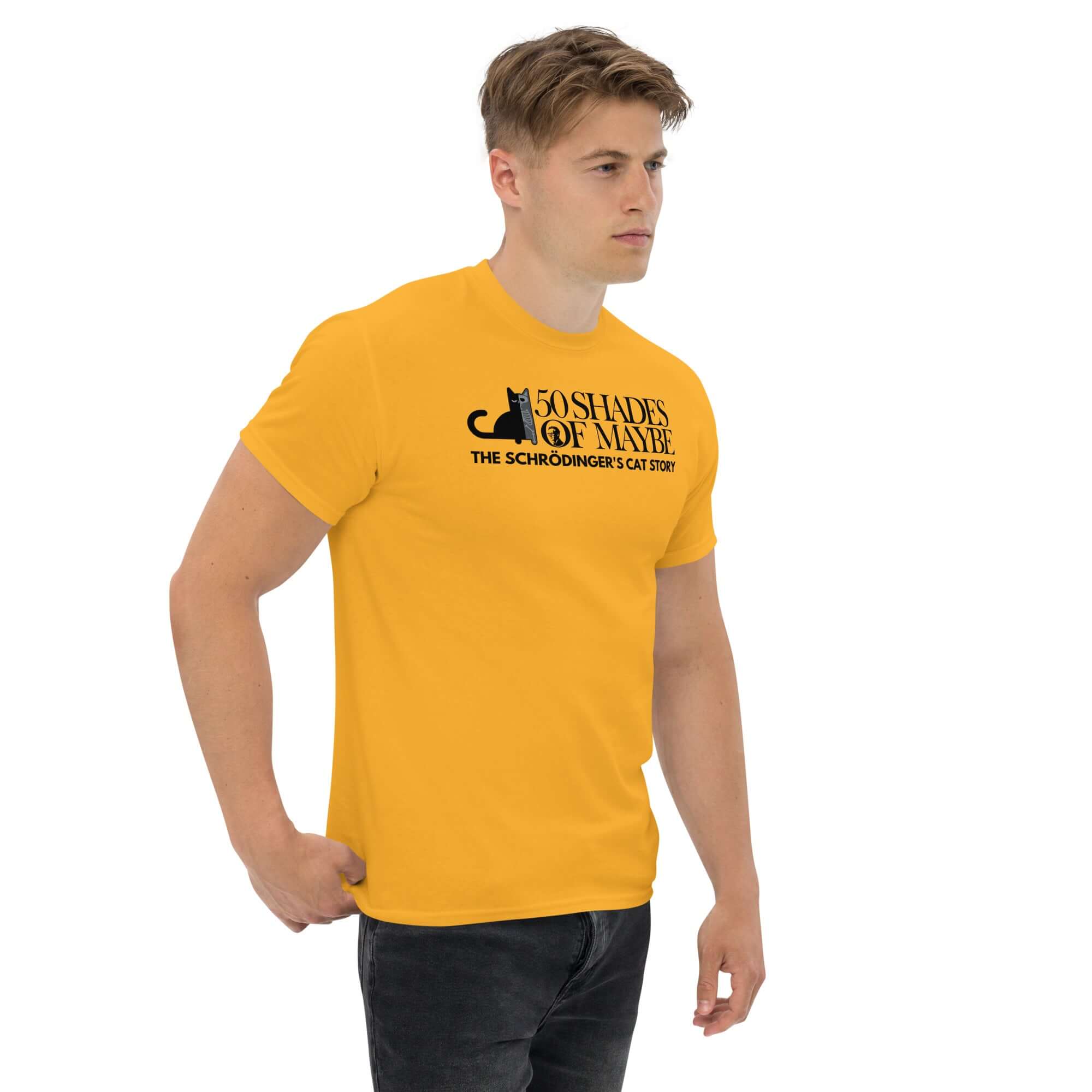 Man wearing 50 Shades of Maybe Schrödinger's Cat Parody T-Shirt, yellow, with cat silhouette design. Quantum physics and literature humor.