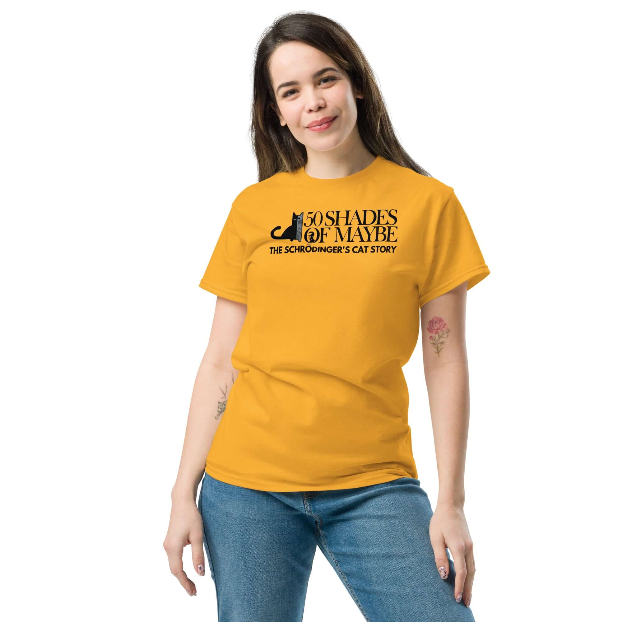 Woman wearing yellow Schrödinger's Cat parody T-shirt with '50 Shades of Maybe' design, blending quantum physics and literature humor.
