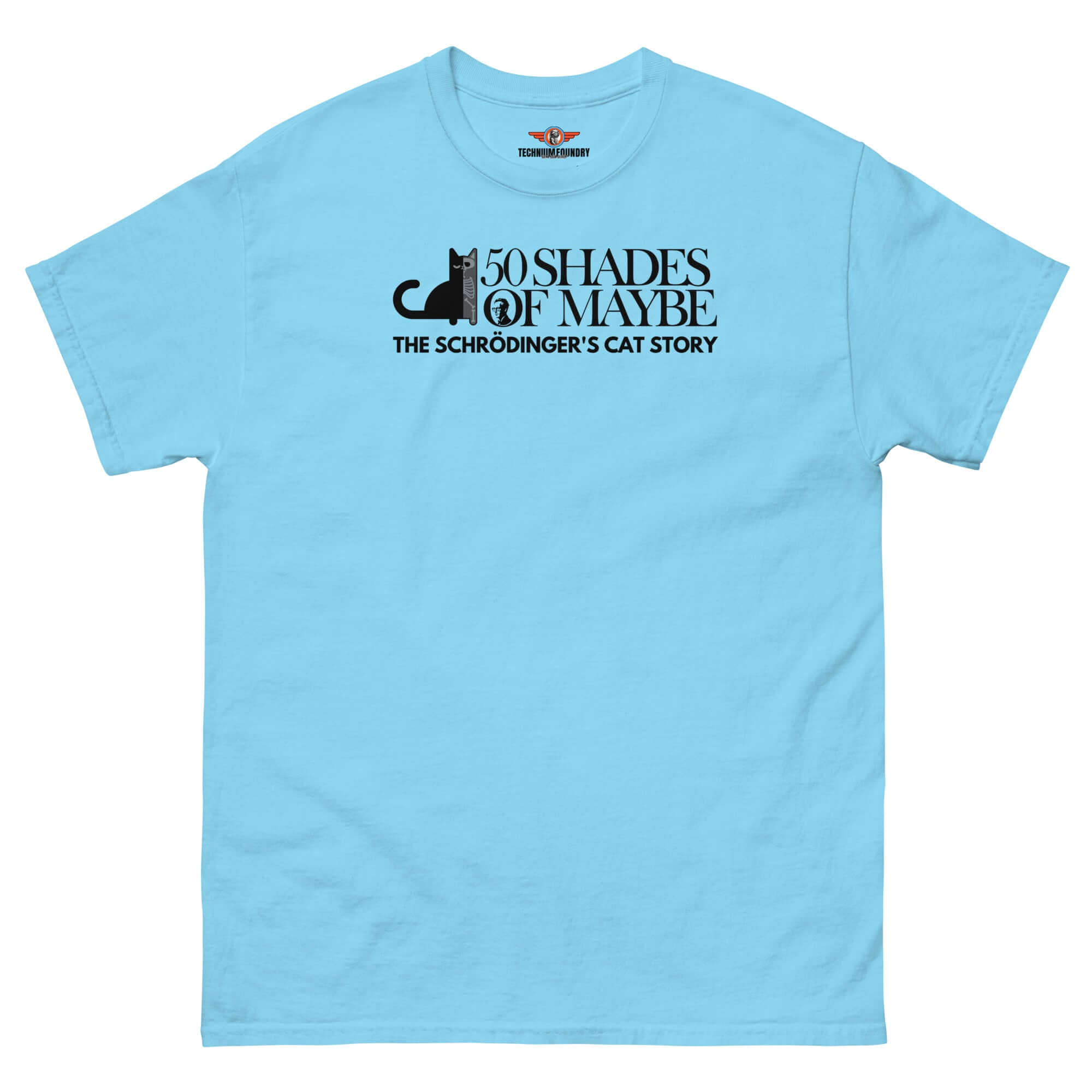 50 Shades of Maybe Schrödinger's Cat Parody T-Shirt in blue, featuring a minimalist cat silhouette and humorous quantum physics theme.