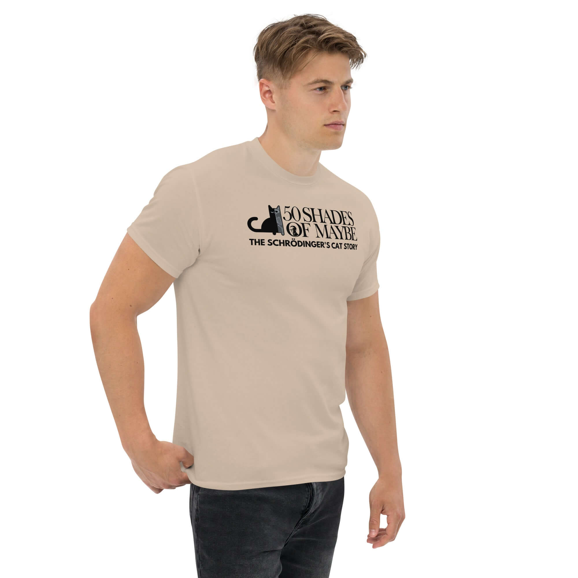 Man wearing 50 Shades of Maybe Schrödinger's Cat Parody T-Shirt with minimalist cat design, blending quantum physics and literature humor.