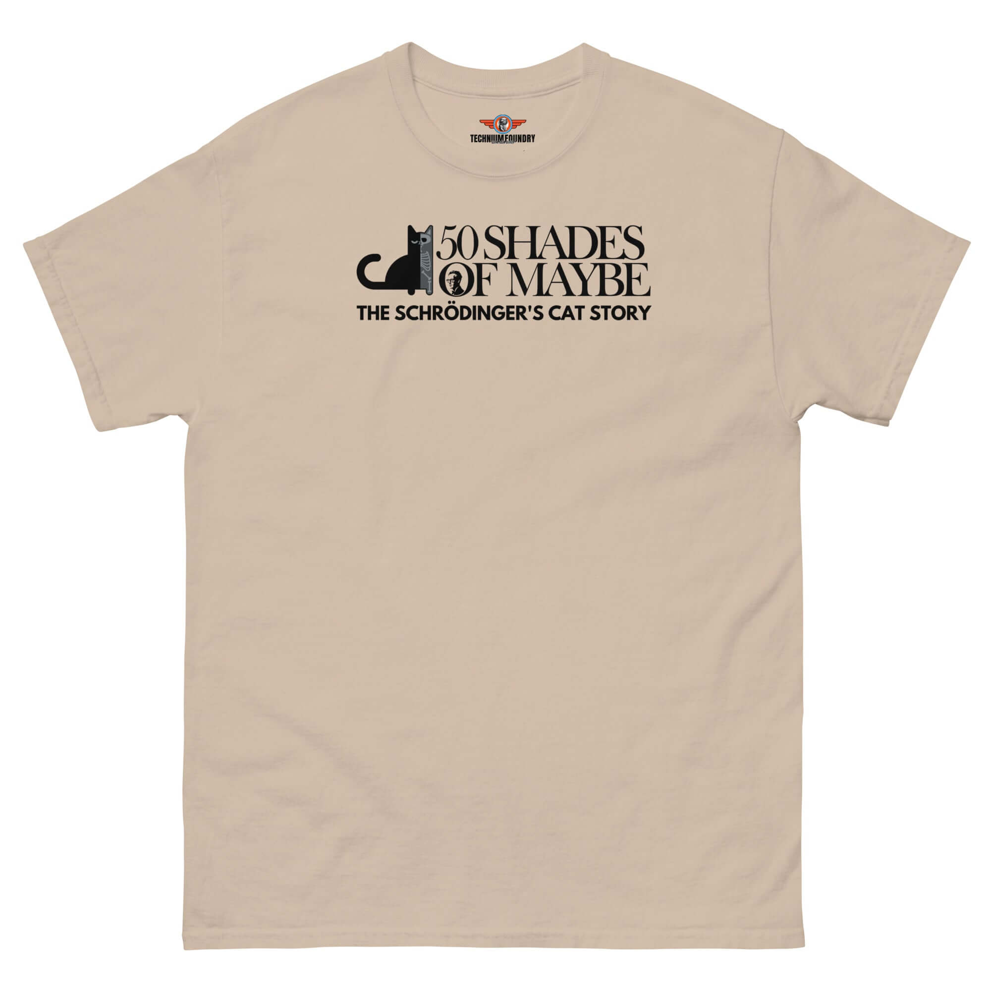 50 Shades of Maybe Schrödinger's Cat T-Shirt featuring minimalist cat silhouette and quantum physics humor design.