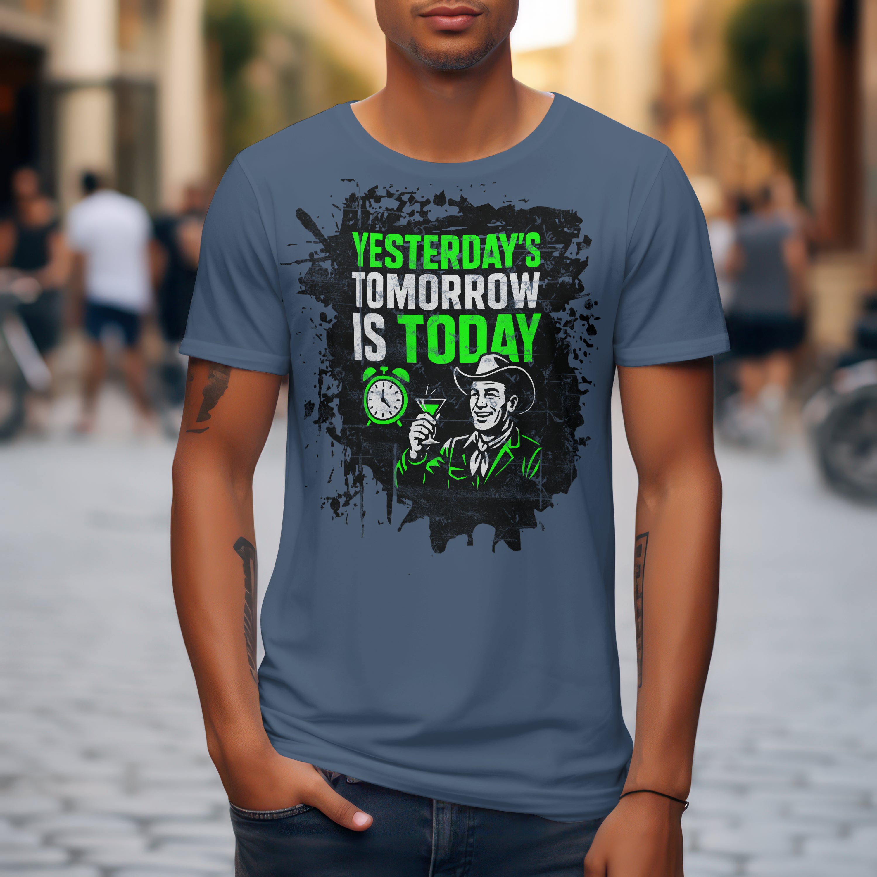 Man wearing "Yesterday's Tomorrow Is Today" T-shirt with green and black dystopian design on city street.