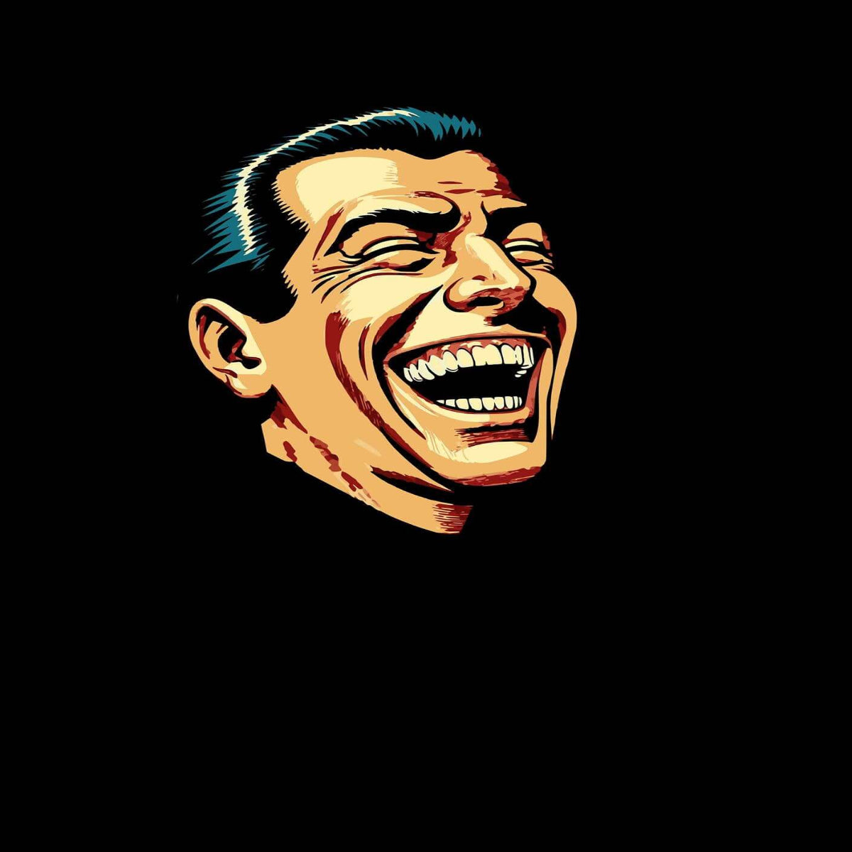Retro comic-style illustration of a man laughing against a black background.
