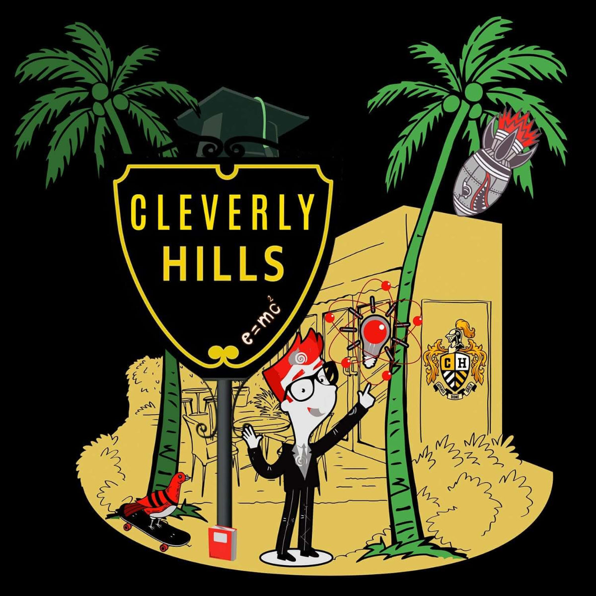 Illustration of Cleverly Hills with an academic theme, featuring a character in glasses, palm trees, and an emblem with a helmet.