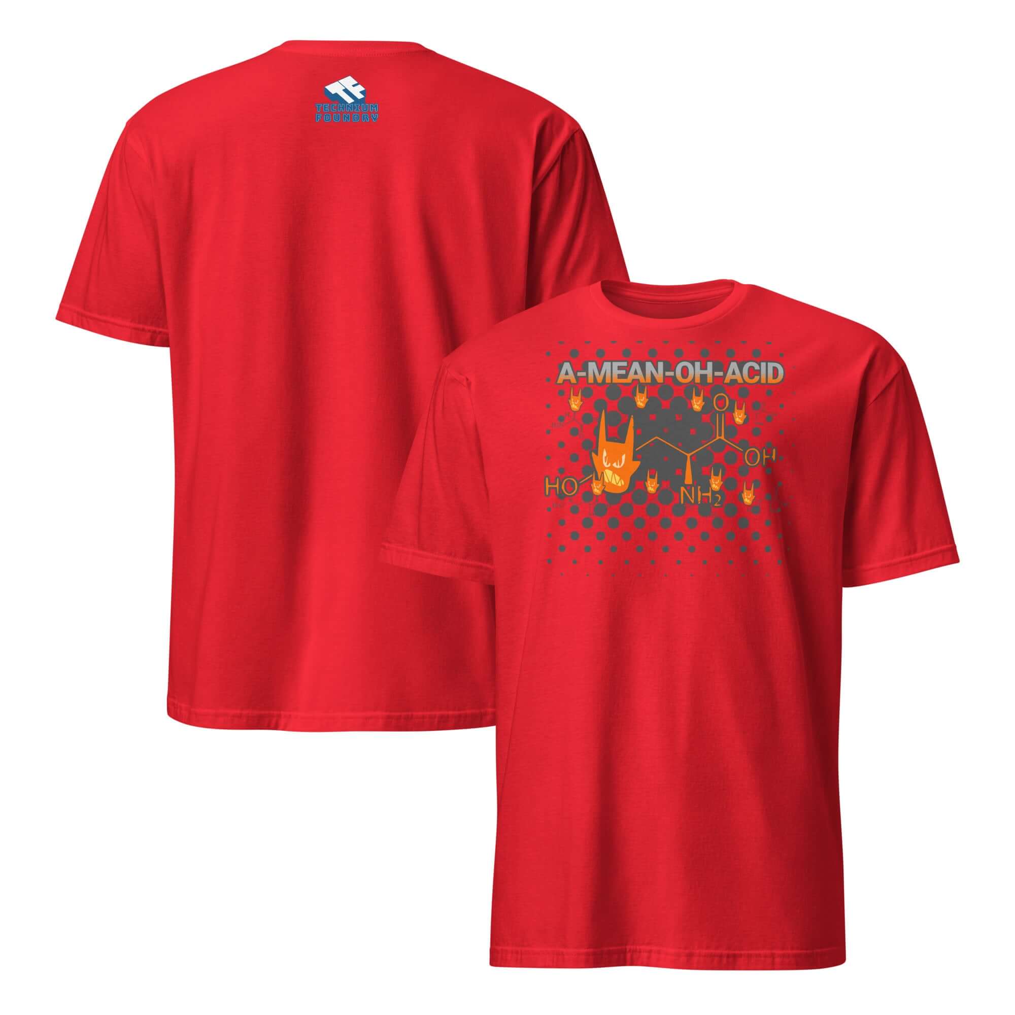 Red "A Mean Oh Acid" t-shirt featuring a rock 'n' roll amino acid design with devil horns symbol, chemistry and music fusion.