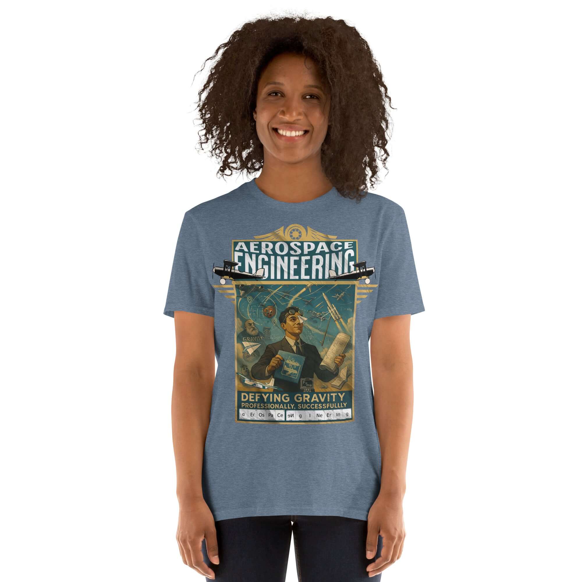 Aerospace Engineering T-Shirt featuring vintage aviation poster with slogan 'Defying Gravity Professionally, Successfully'