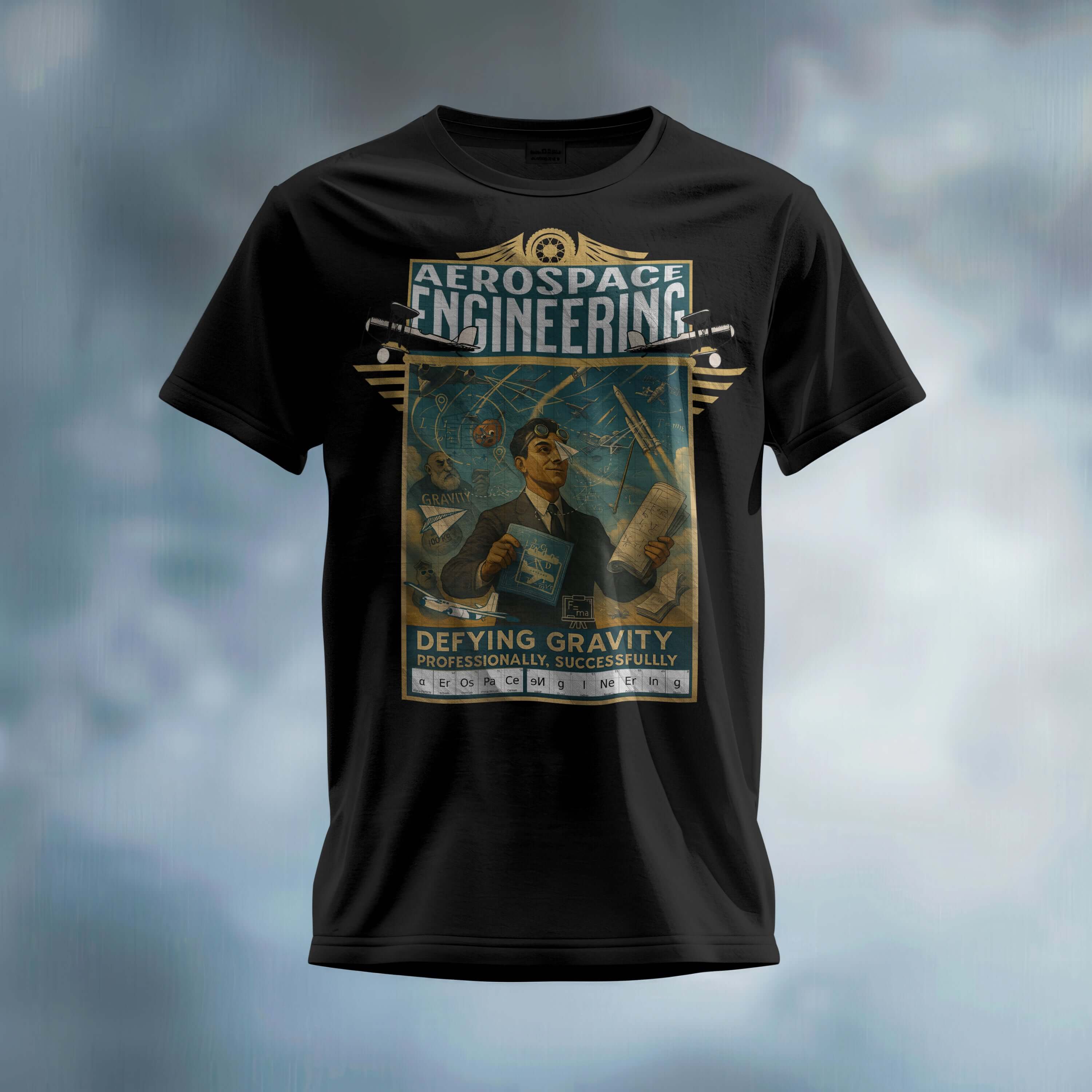 Aerospace Engineering T-Shirt featuring a vintage aviation design, celebrating defying gravity professionally and successfully.