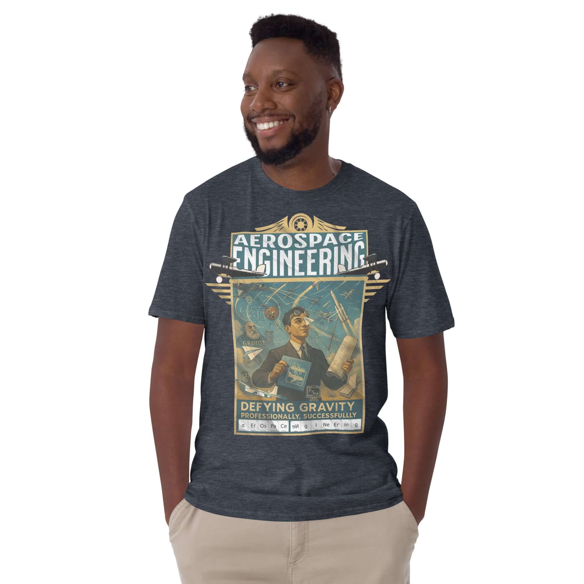 Aerospace Engineering T-Shirt featuring a vintage aviation poster titled 'Defying Gravity Professionally, Successfully' in blue.