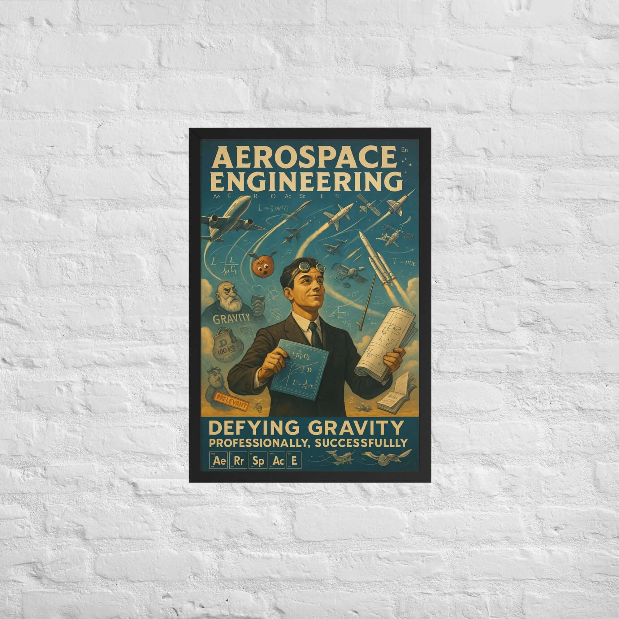 Aerospace engineering wall poster with vintage space race design featuring rockets and planets, defying gravity theme.