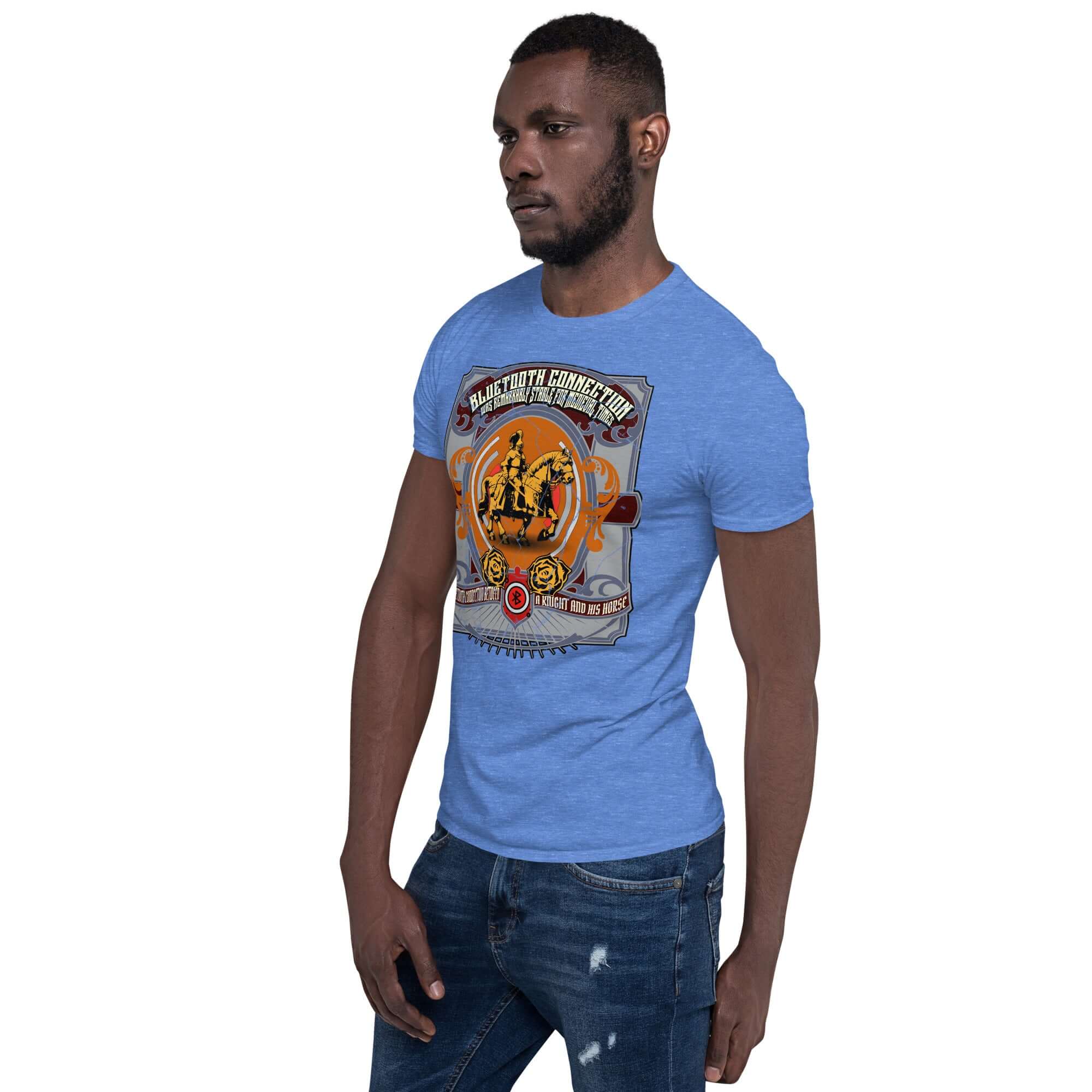 Man wearing a Bluetooth Connection T-Shirt with medieval tech humor design featuring a knight on a horse
