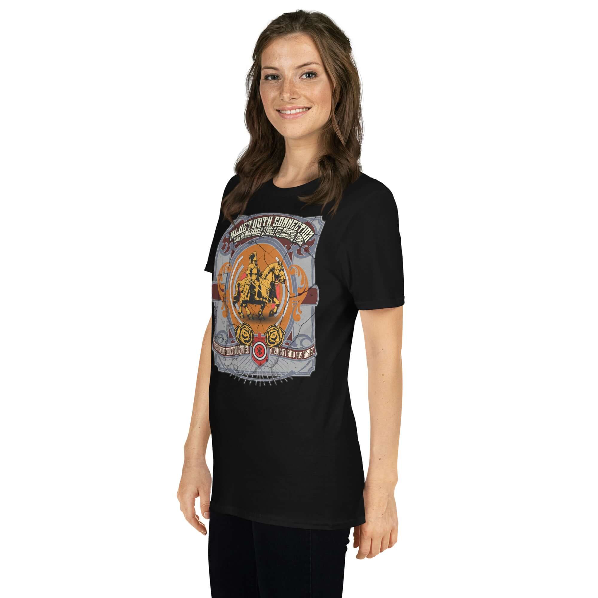 Woman wearing a Bluetooth Connection T-shirt featuring a medieval knight design, blending tech humor with historical themes.