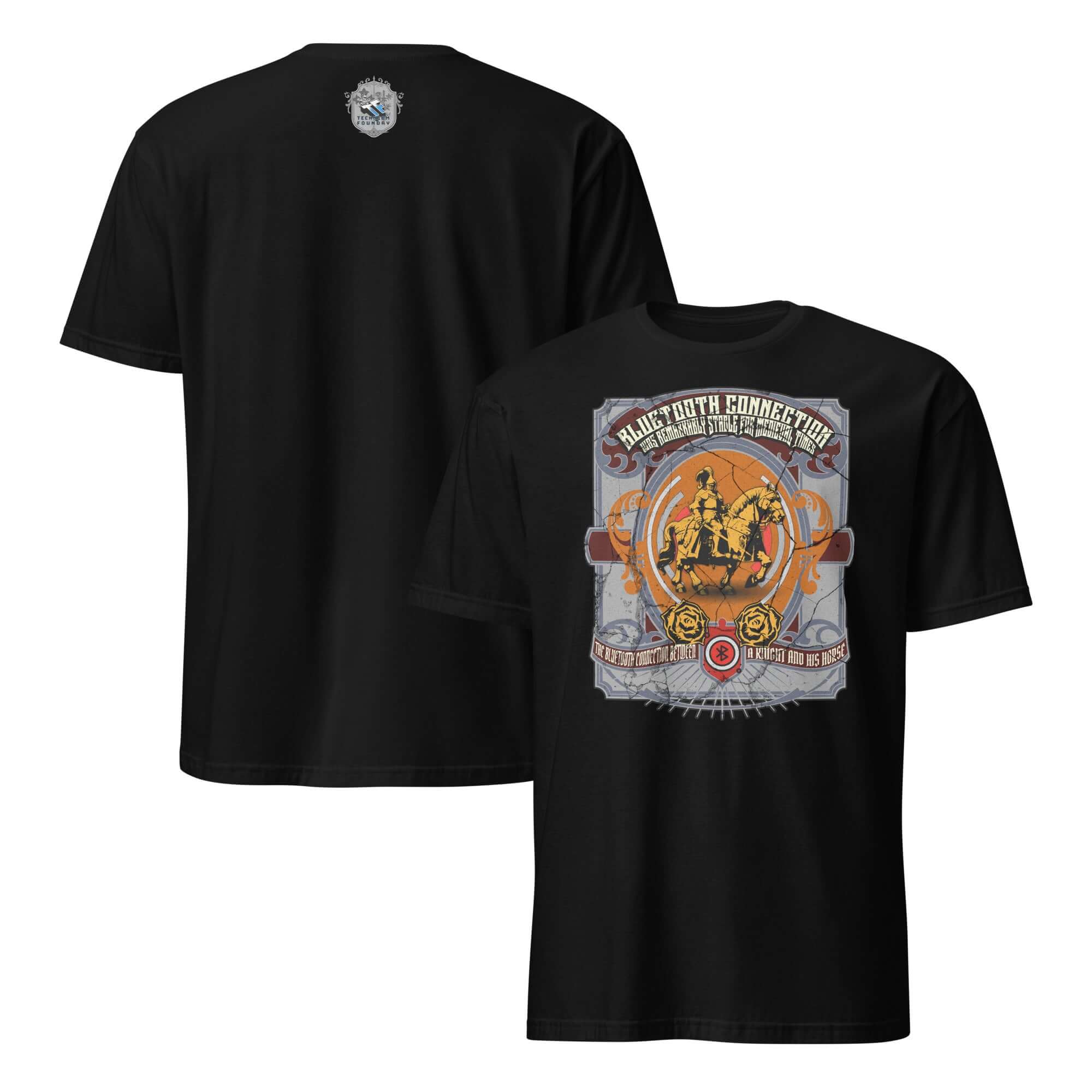Bluetooth Connection T-Shirt featuring a medieval knight design, celebrating humorous tech history with a vintage communication theme.