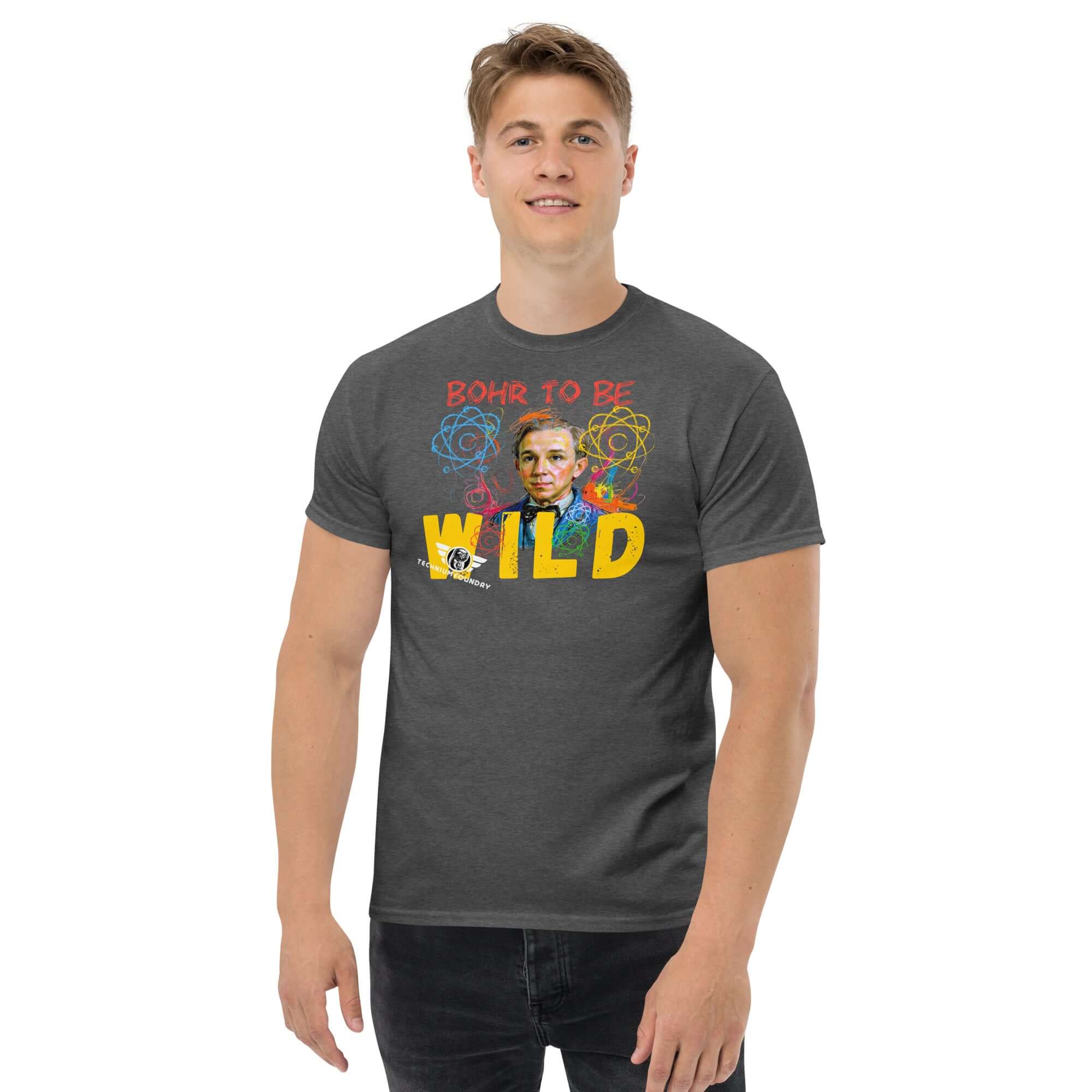 "Bohr to Be Wild" quantum physics T-shirt featuring Niels Bohr artistic portrait with rock and roll design