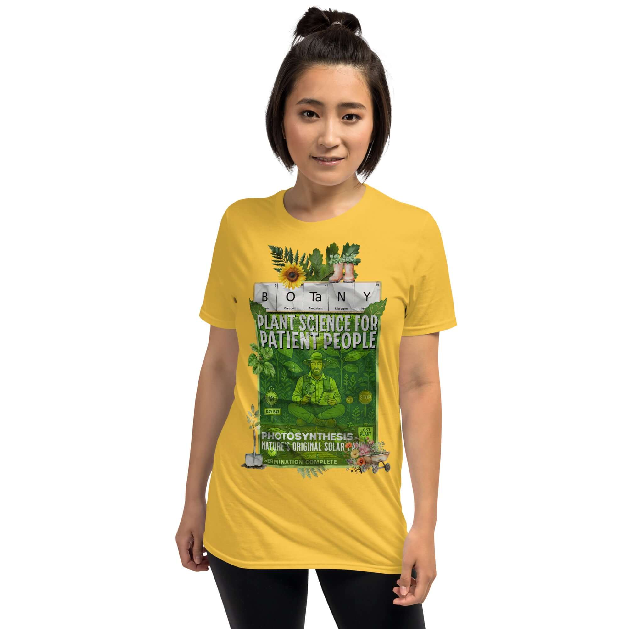 Botany T-Shirt featuring 'Plant Science For Patient People' design, perfect for plant lovers and science enthusiasts in vibrant yellow.