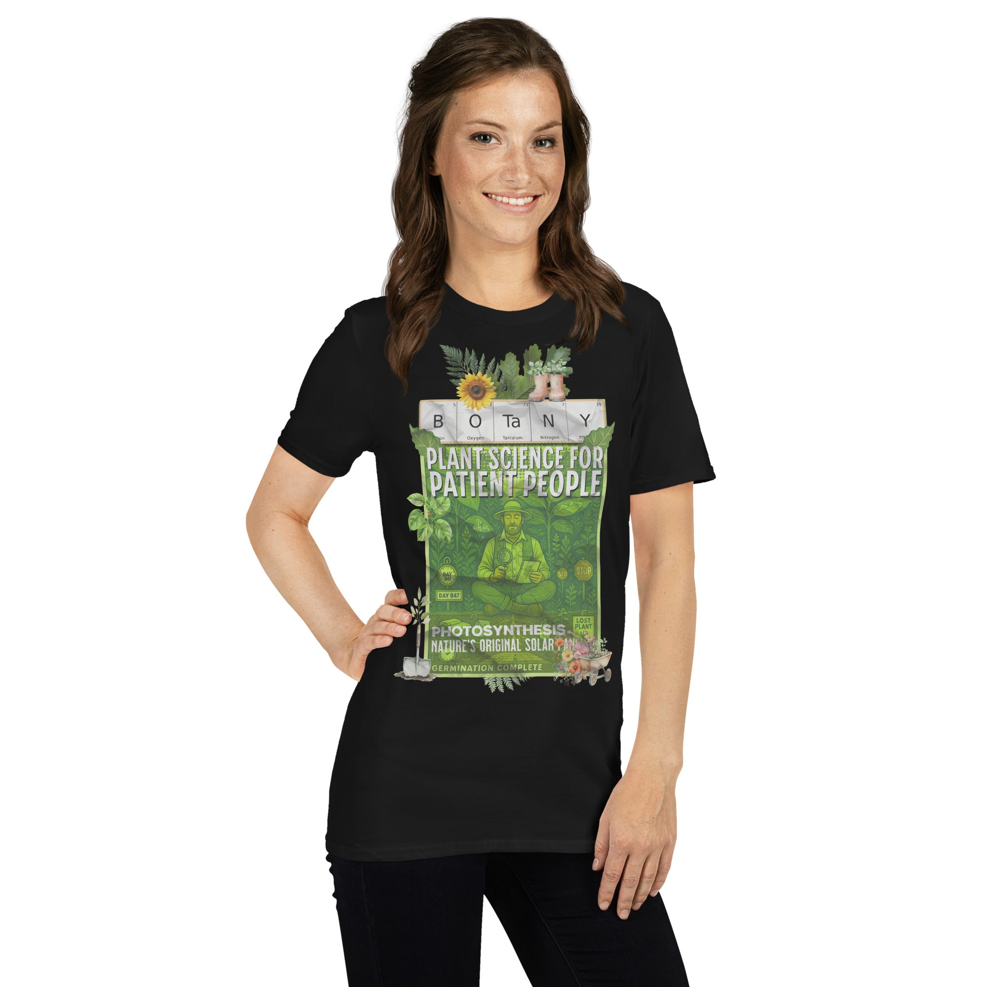 Woman wearing Botany T-Shirt with "Plant Science For Patient People" design, showcasing serene botanical theme.