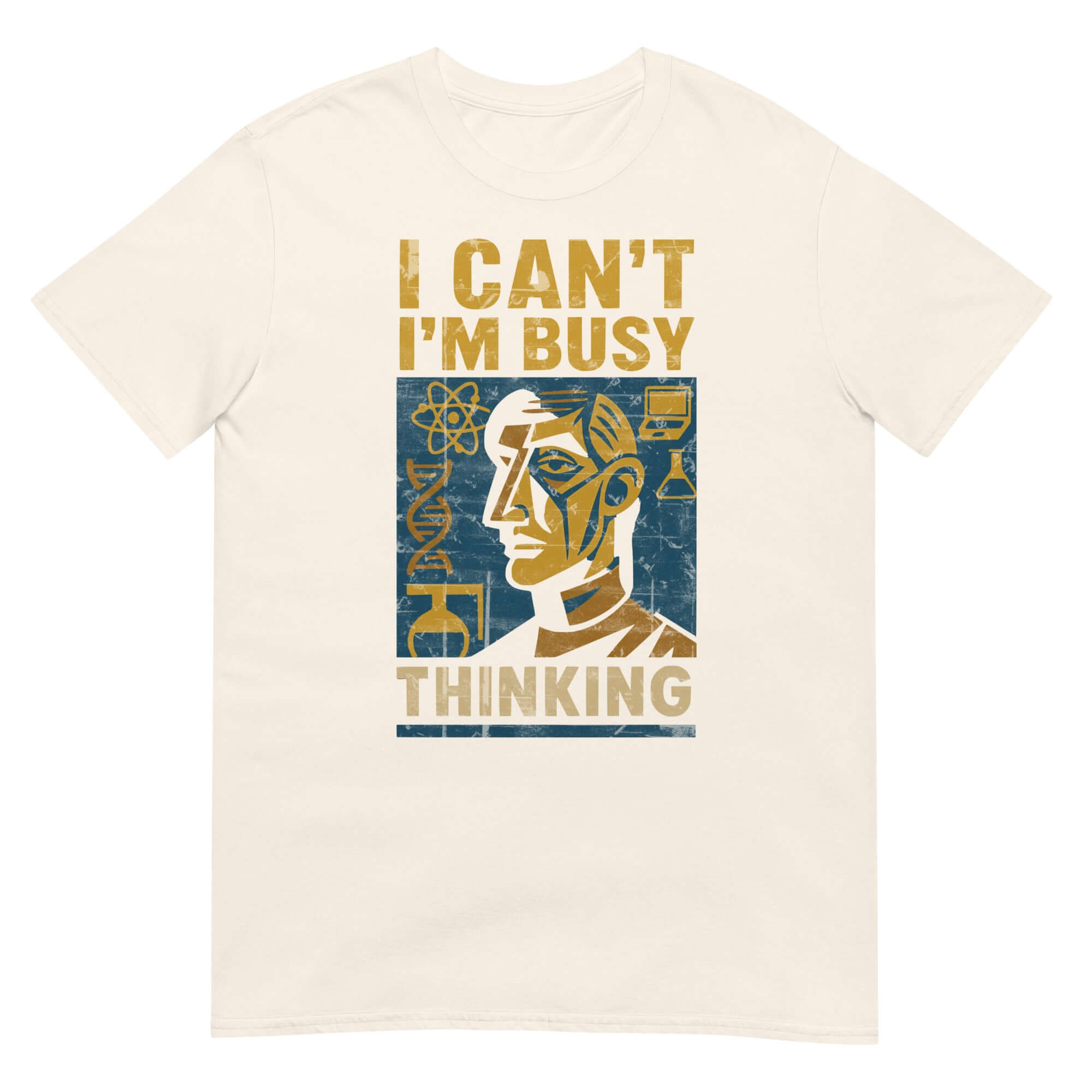 I Can't I'm Busy Thinking T-Shirt with scientific brain design, perfect for intellectual statement and cognitive resource allocation.
