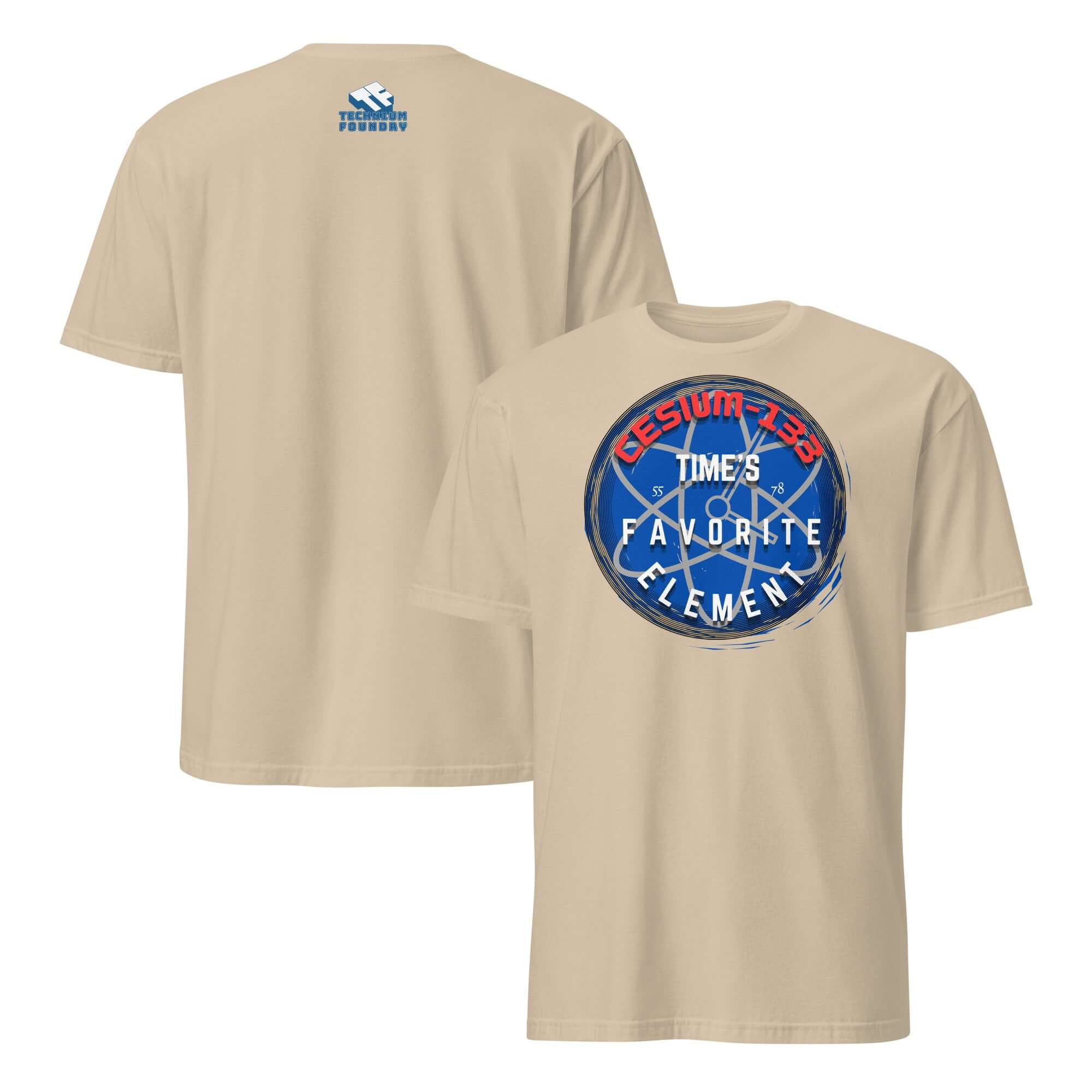 Beige Cesium-133 Atomic Clock T-Shirt featuring 'Time's Favorite Element' blue design for precise timekeeping lovers.