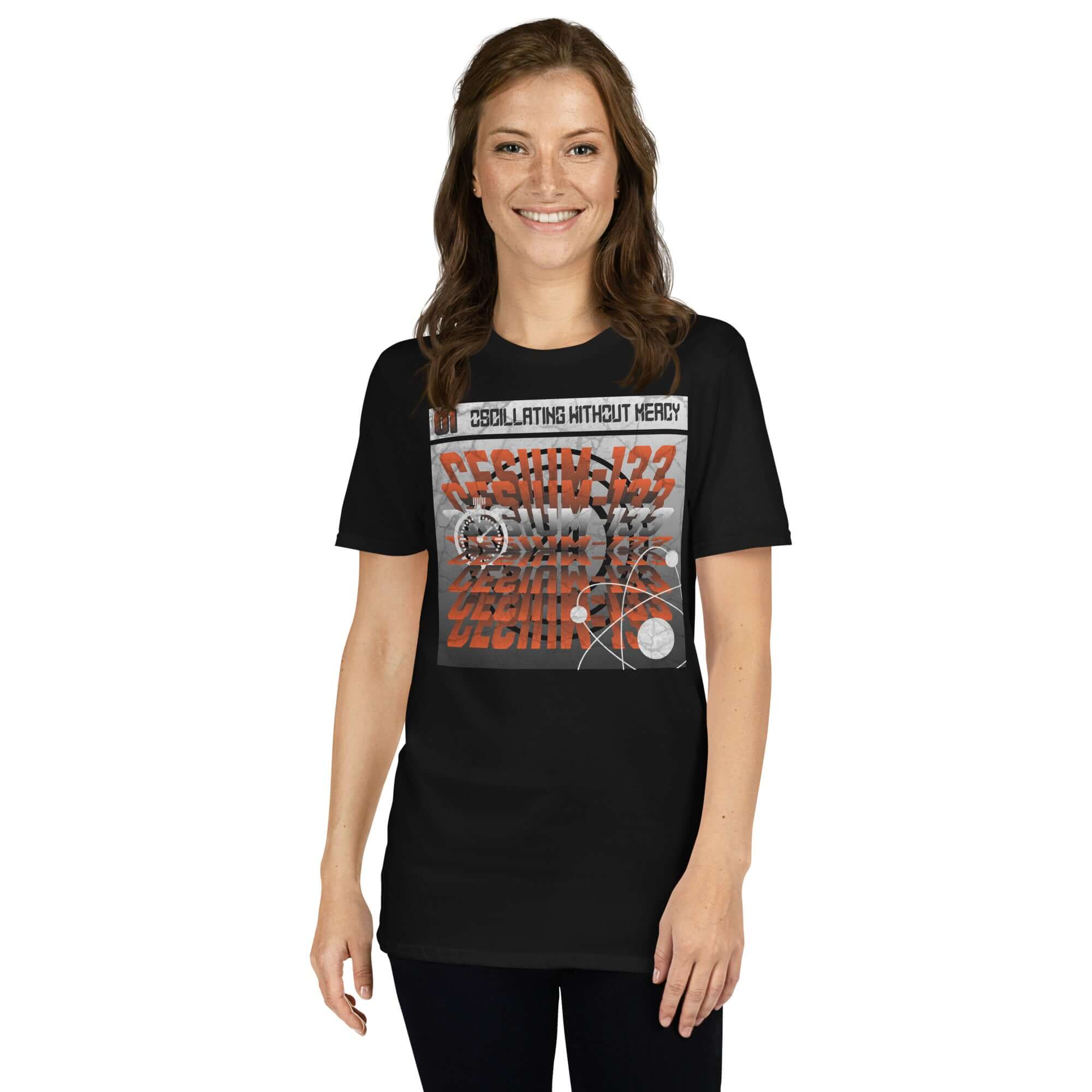 Woman wearing Cesium-133 Oscillation T-Shirt with atomic clock design and industrial typography.